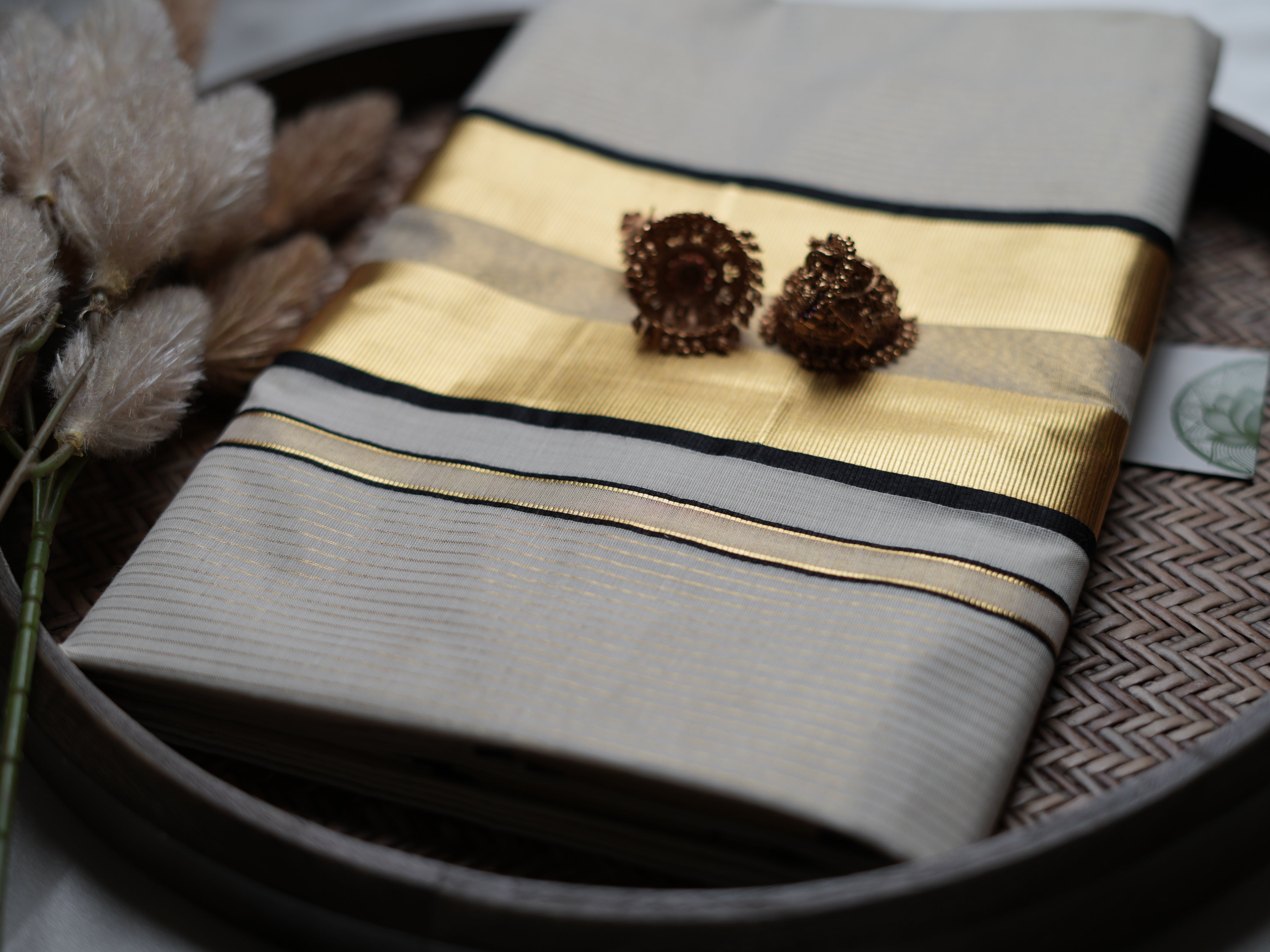 Classic Cotton Kerala Saree with Black & Gold Accents