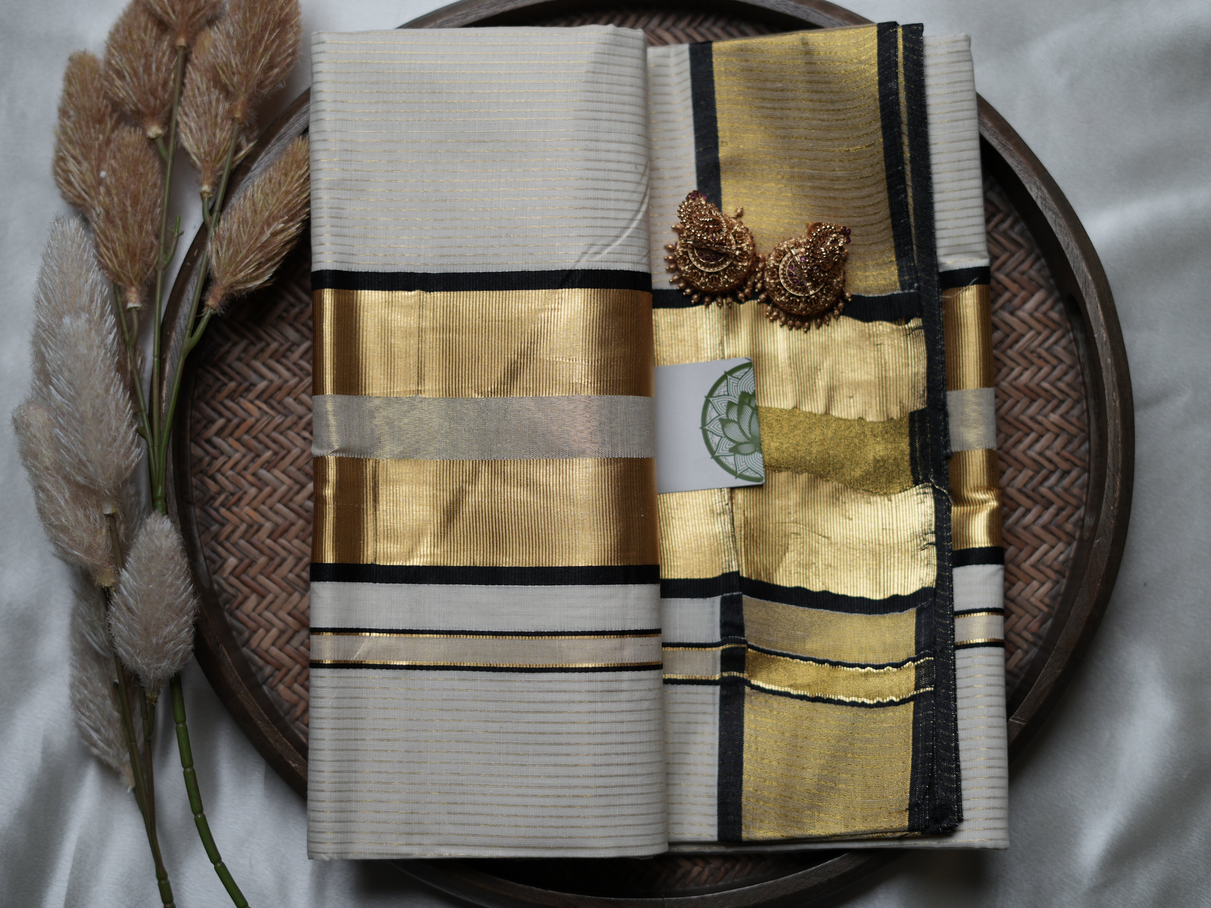 Classic Cotton Kerala Saree with Black & Gold Accents