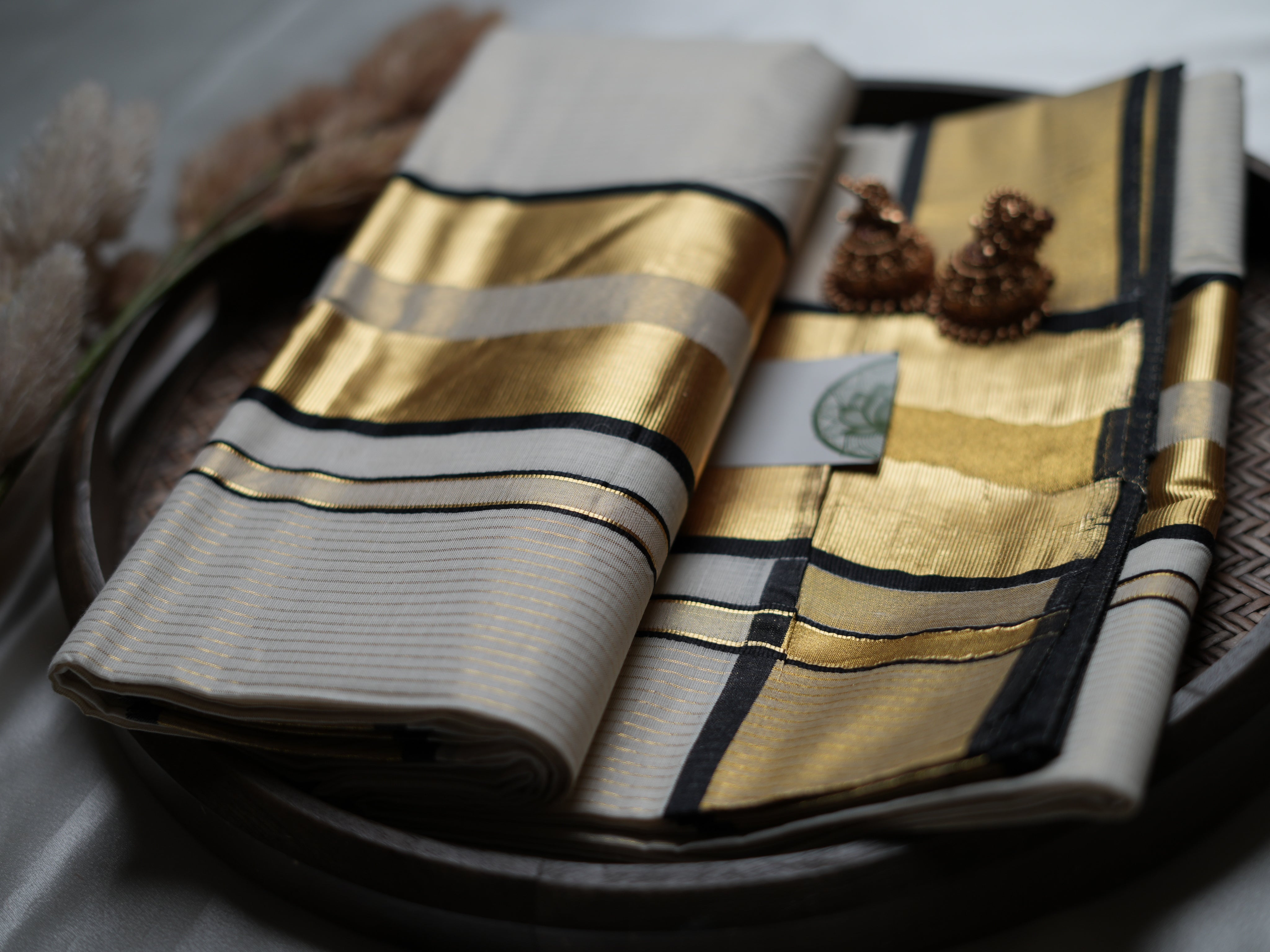 Classic Cotton Kerala Saree with Black & Gold Accents