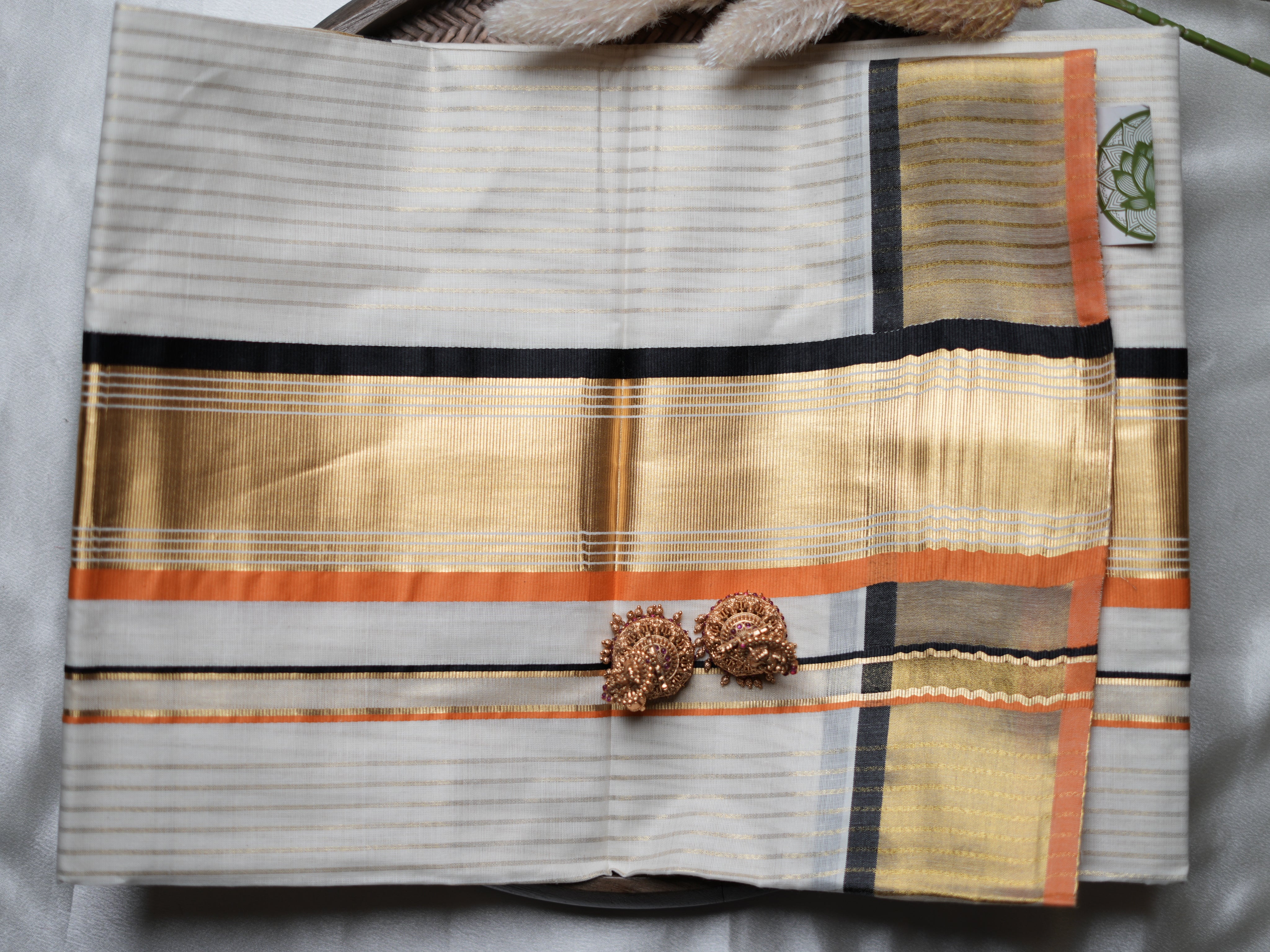 Handloom Replica Pure Cotton Kerala Saree with Black & Orange Accents