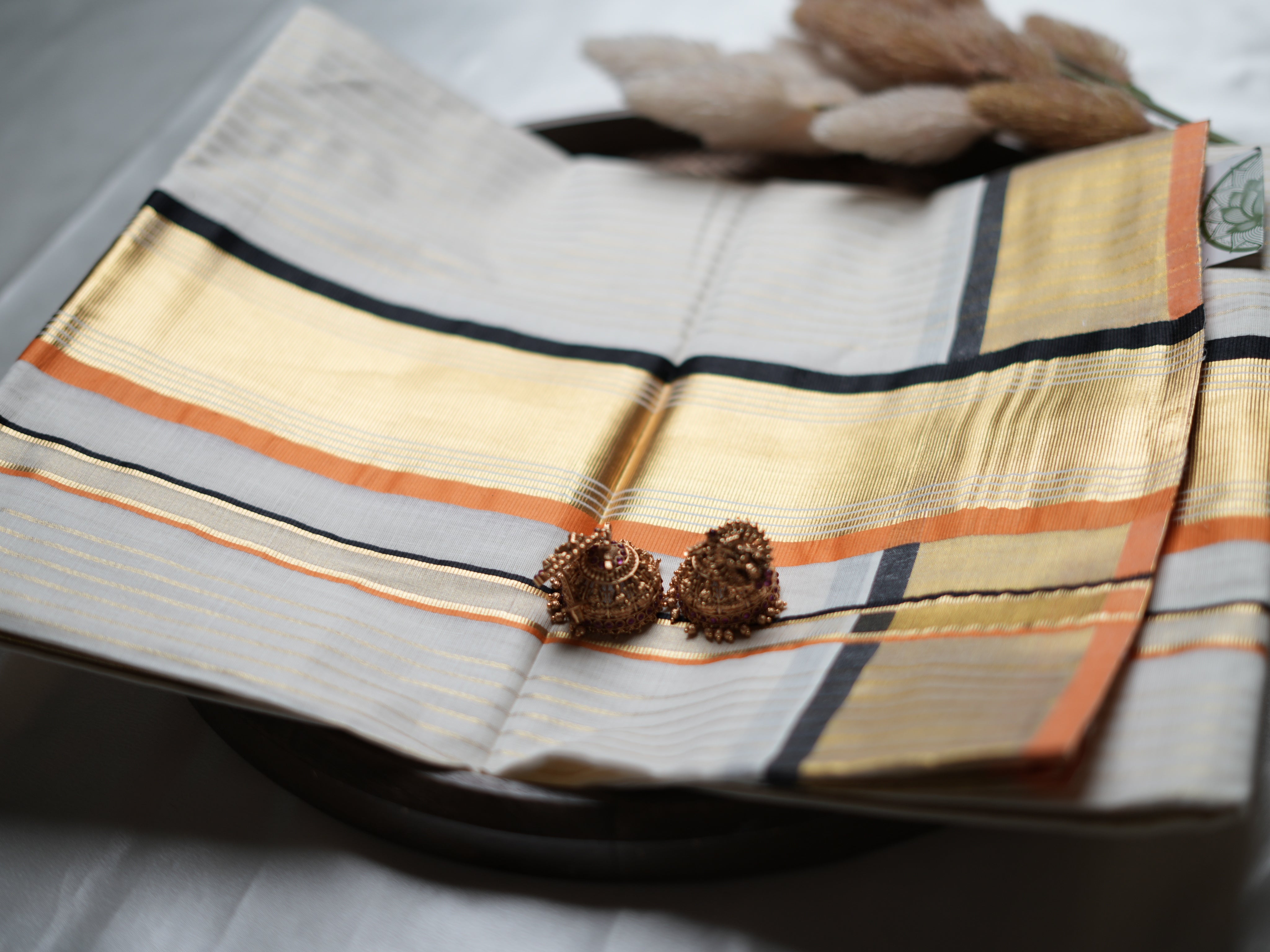 Handloom Replica Pure Cotton Kerala Saree with Black & Orange Accents