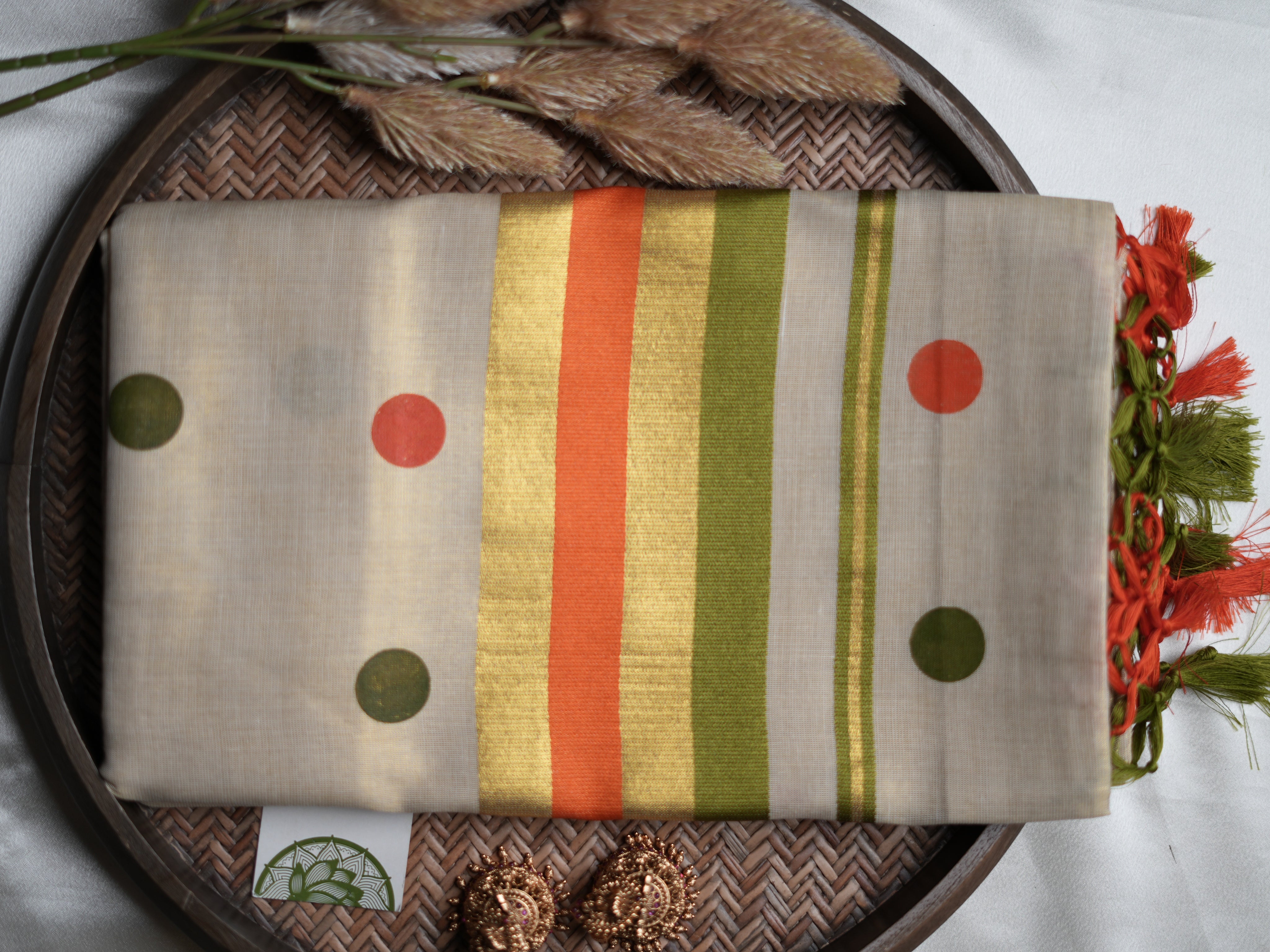 Pure Tissue Kerala Saree — Olive Green, Rust Orange & Playful Buttas Edition