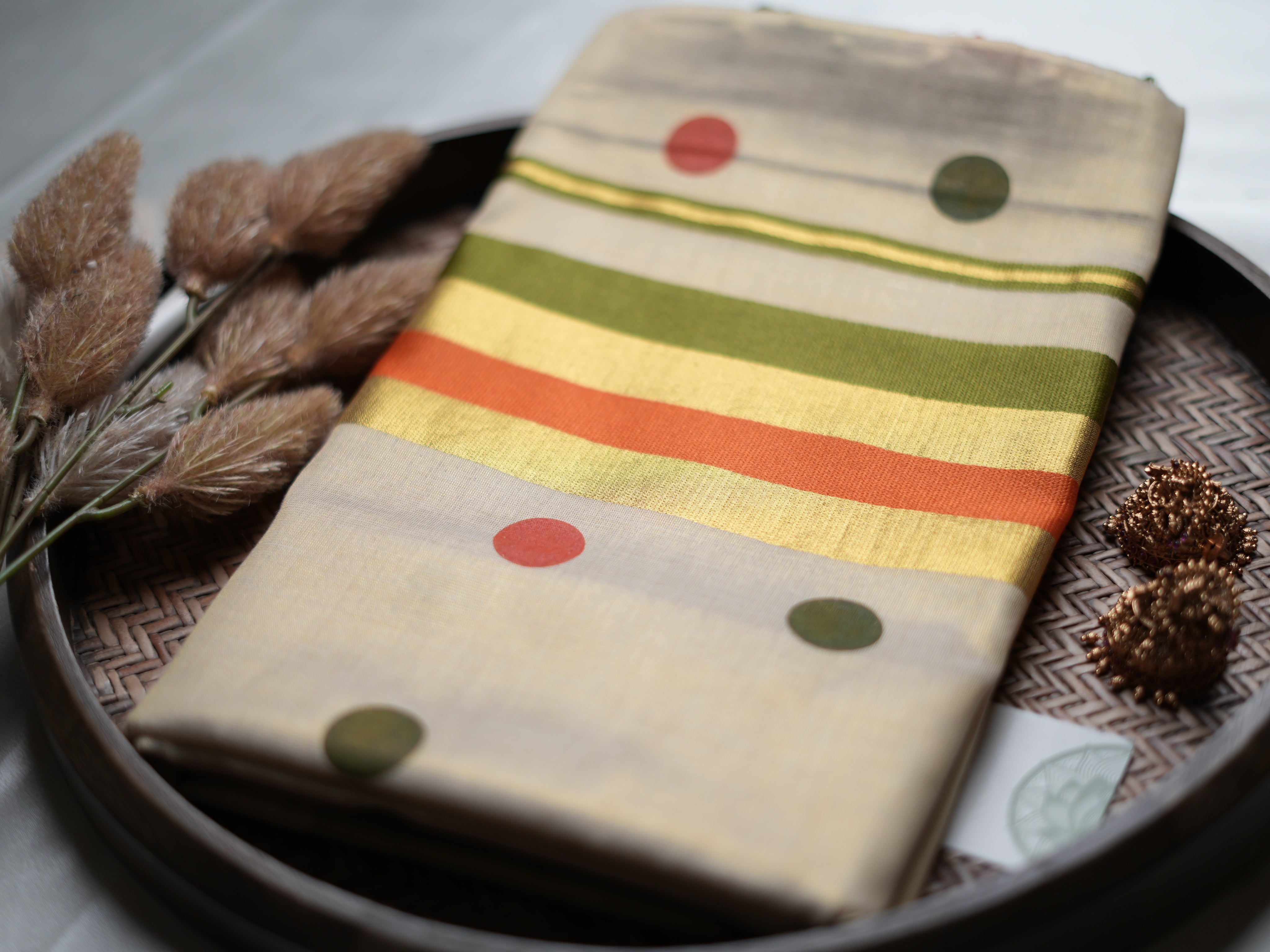 Pure Tissue Kerala Saree — Olive Green, Rust Orange & Playful Buttas Edition