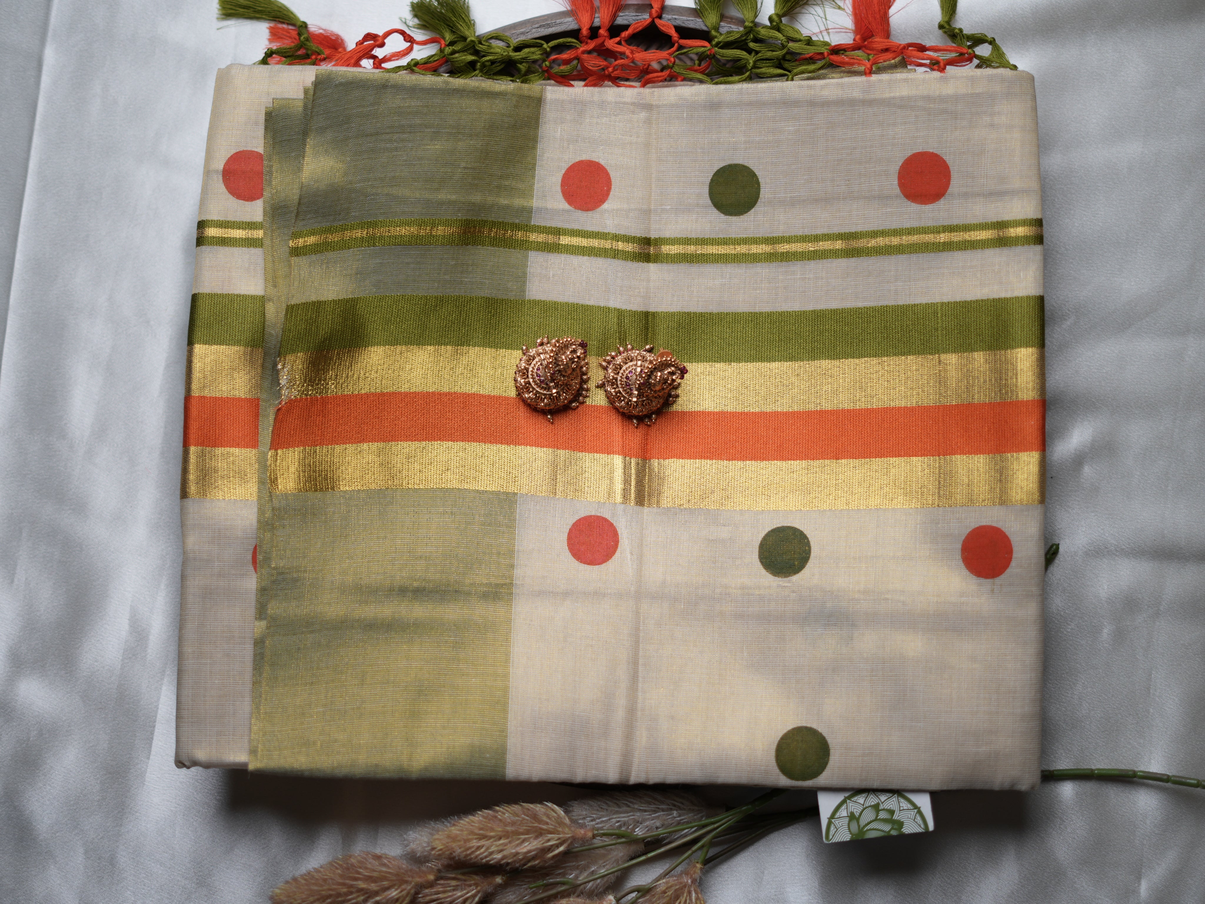 Pure Tissue Kerala Saree — Olive Green, Rust Orange & Playful Buttas Edition