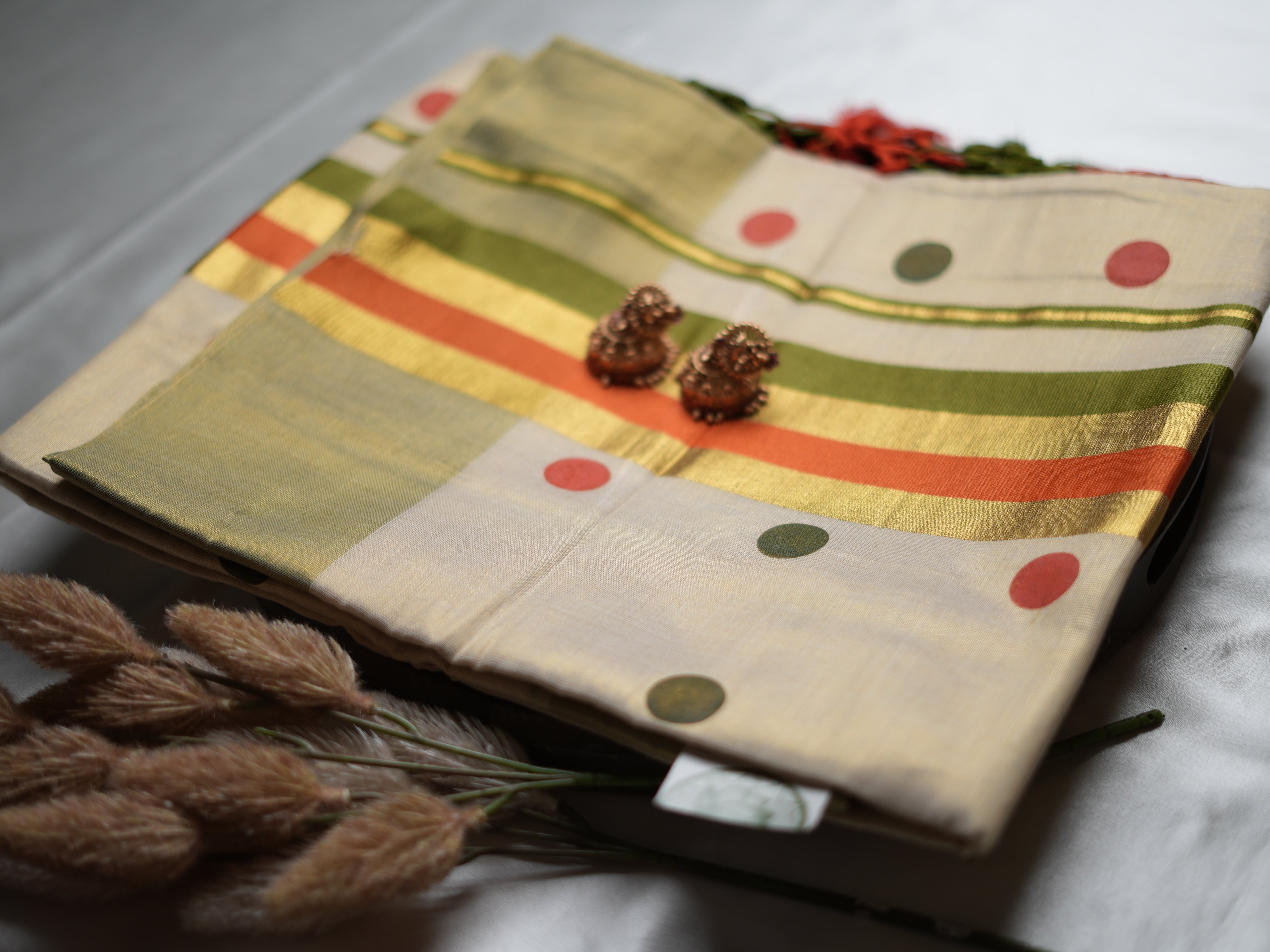 Pure Tissue Kerala Saree — Olive Green, Rust Orange & Playful Buttas Edition