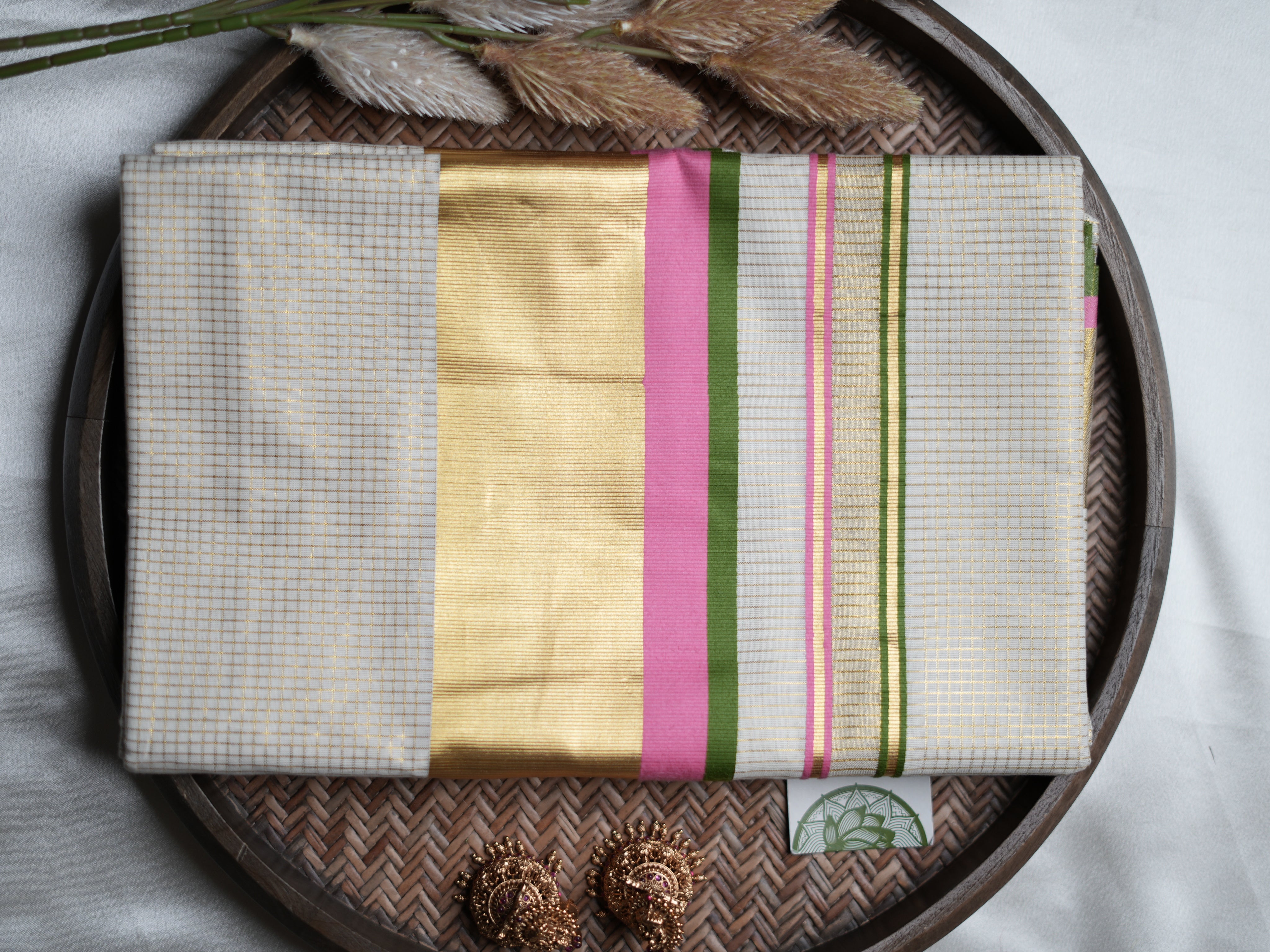 Pure Cotton Kerala Set Saree — Bubblegum Pink & Olive Green Border Edition 🌸