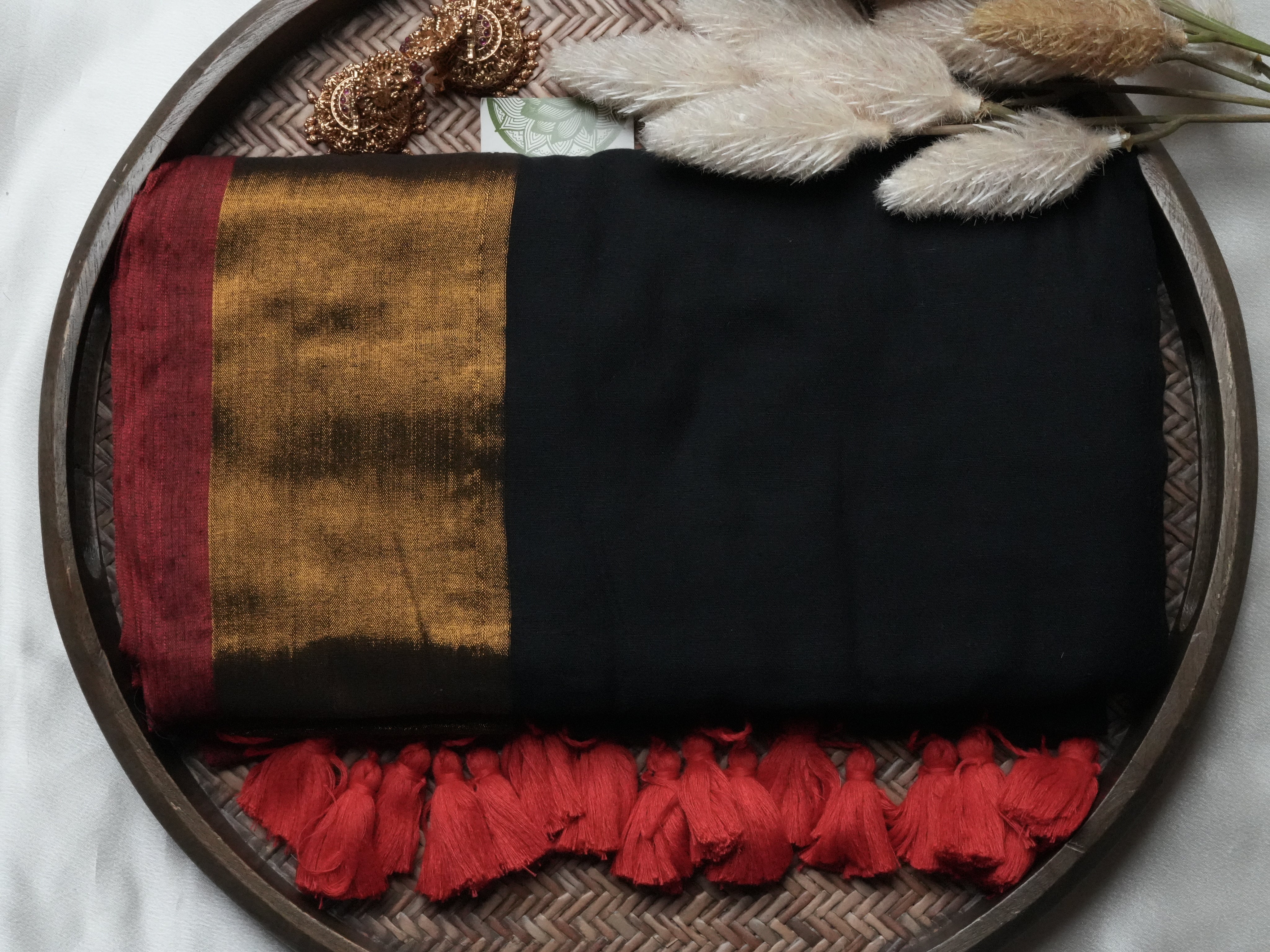 Modern Midnight Black & Crimson Mul Cotton Saree