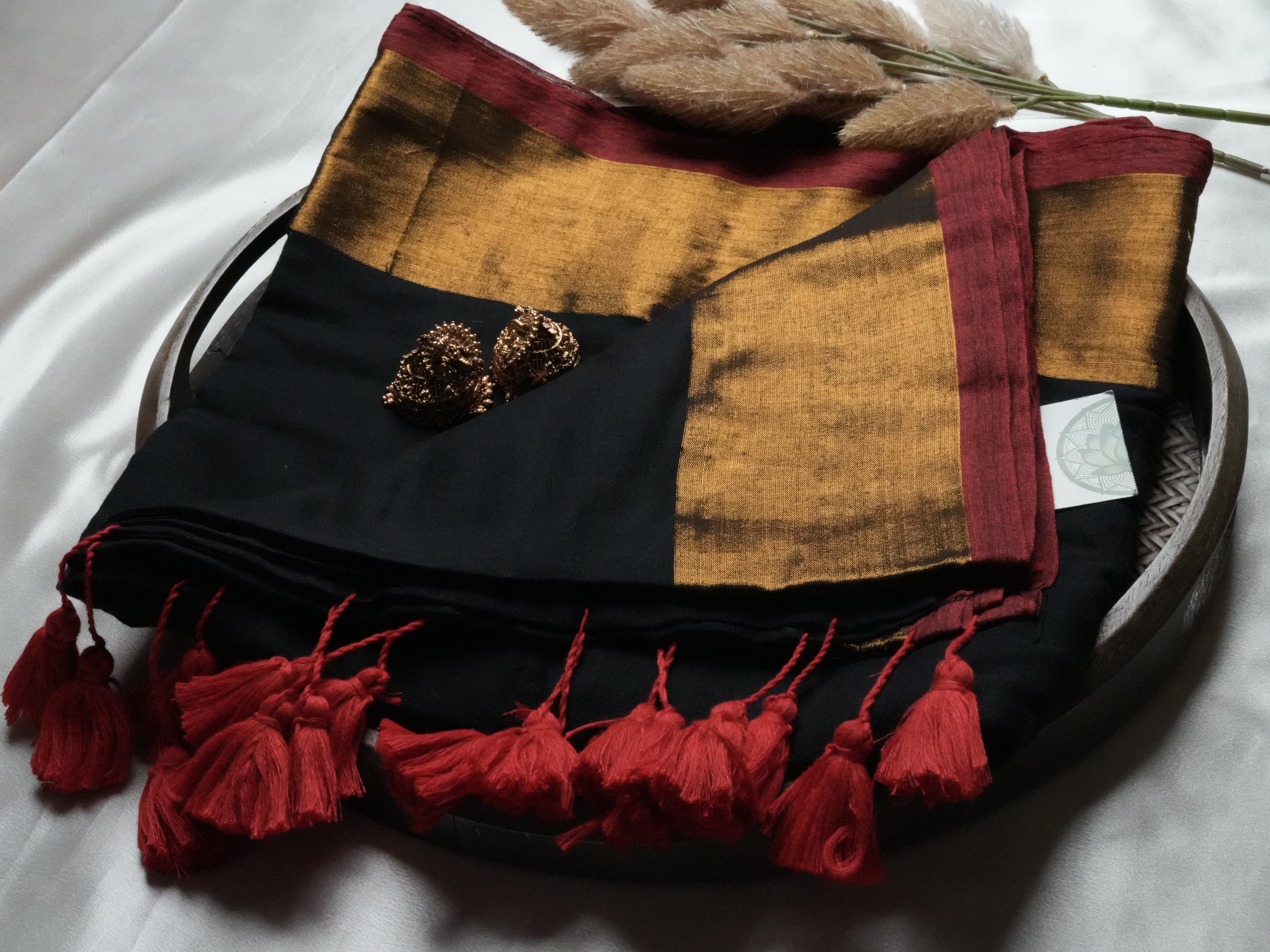 Modern Midnight Black & Crimson Mul Cotton Saree