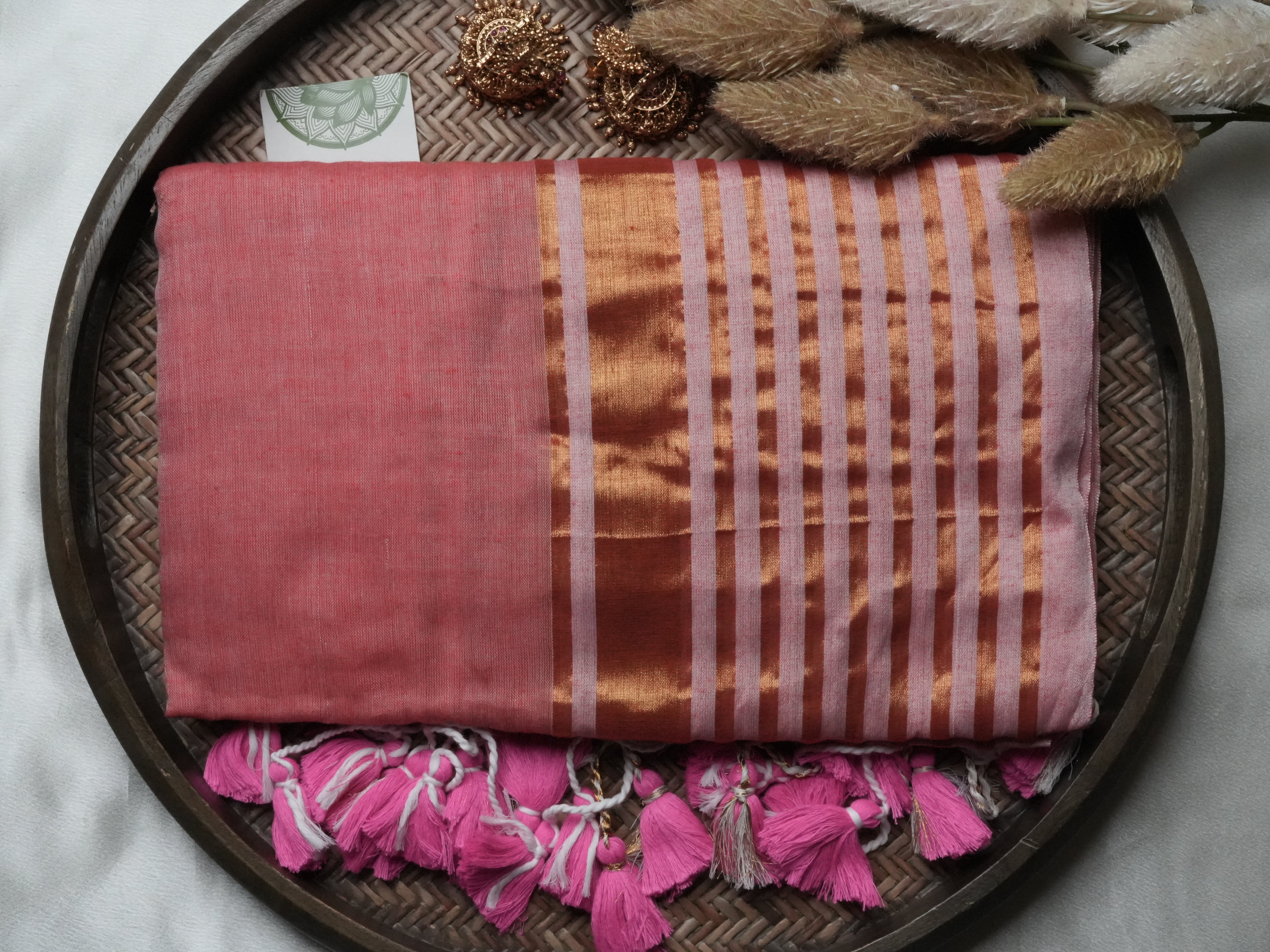 Dusty Rose & Copper Zari Block Edition Mulcotton Saree 🌸