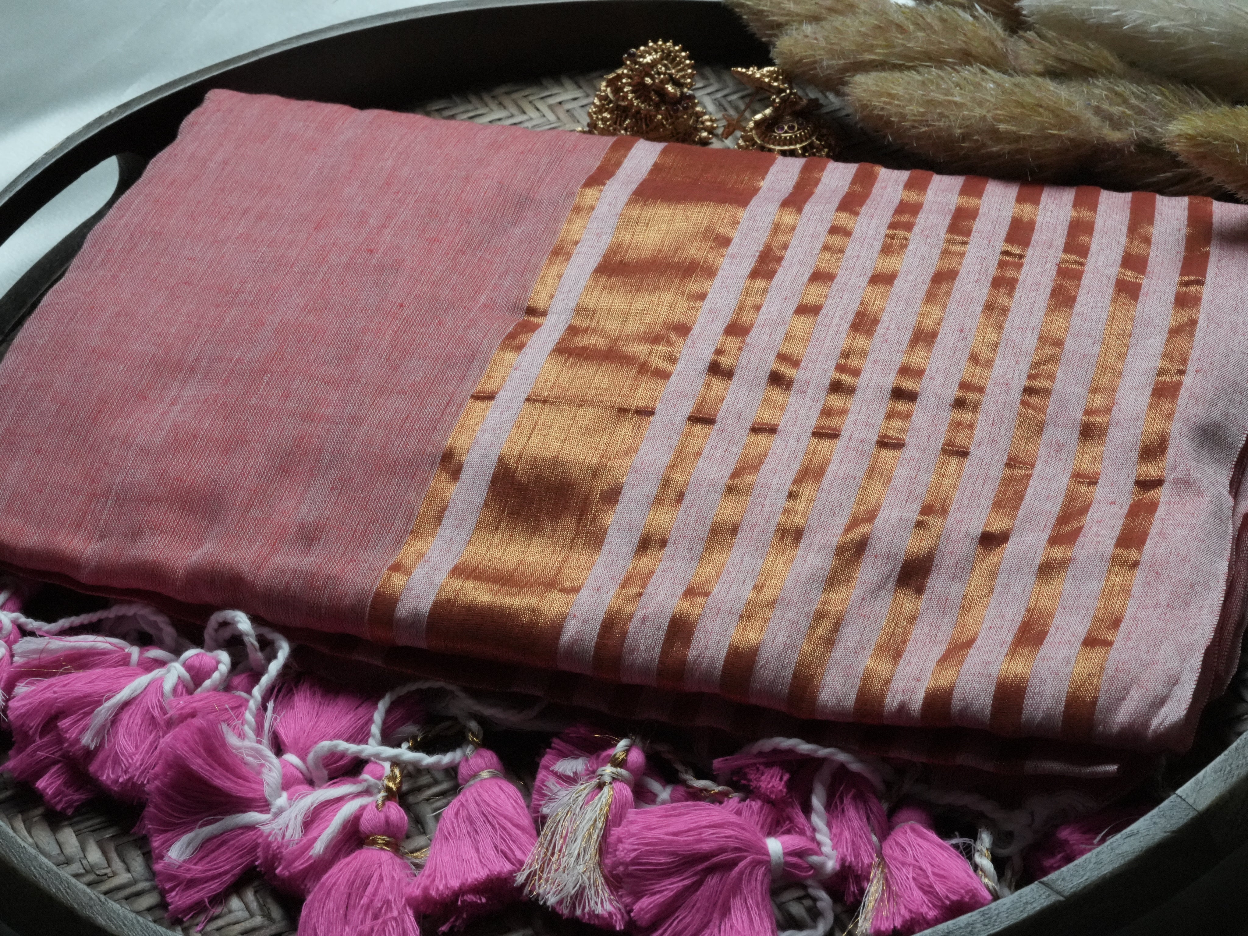 Dusty Rose & Copper Zari Block Edition Mulcotton Saree 🌸