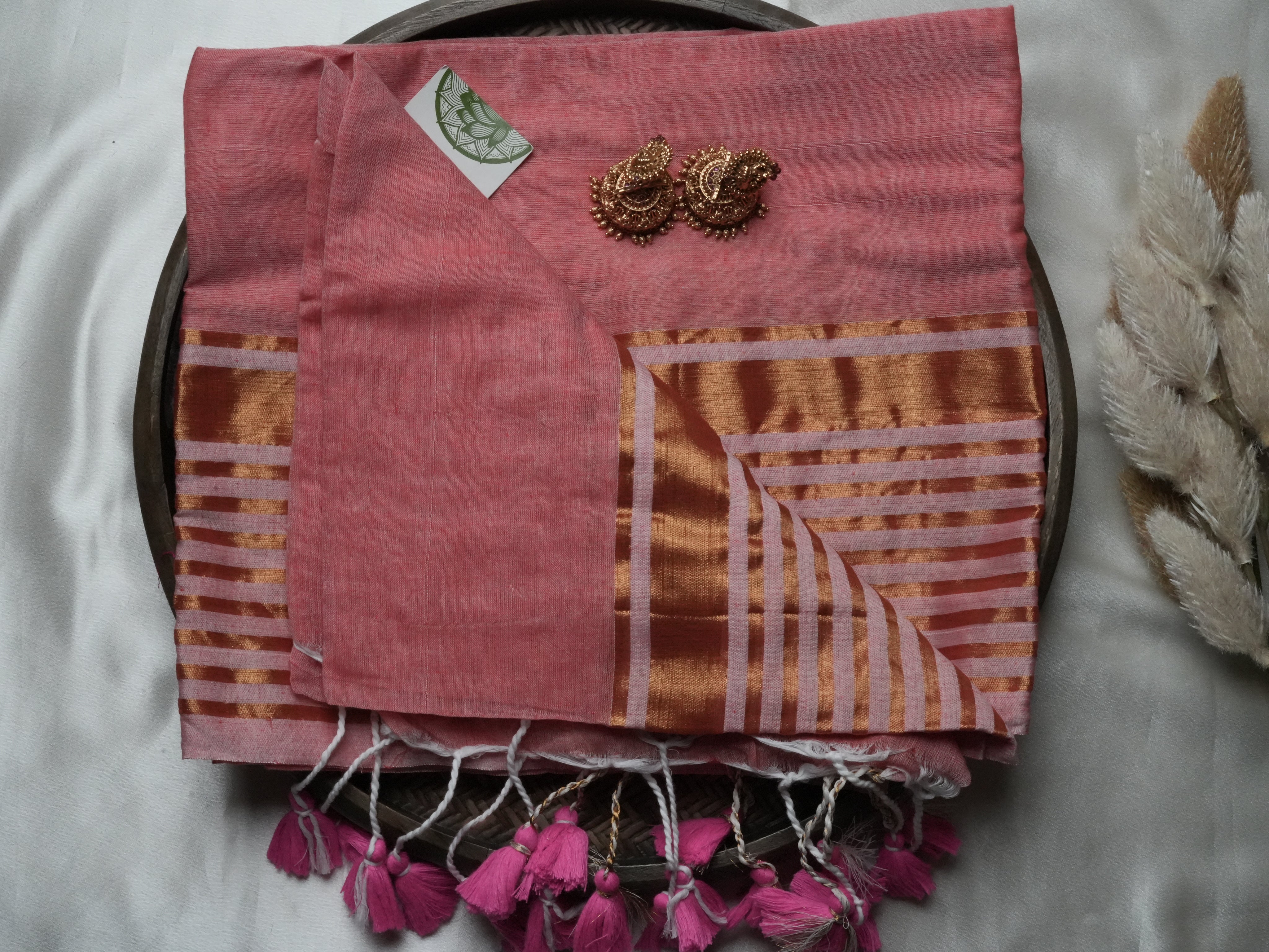 Dusty Rose & Copper Zari Block Edition Mulcotton Saree 🌸