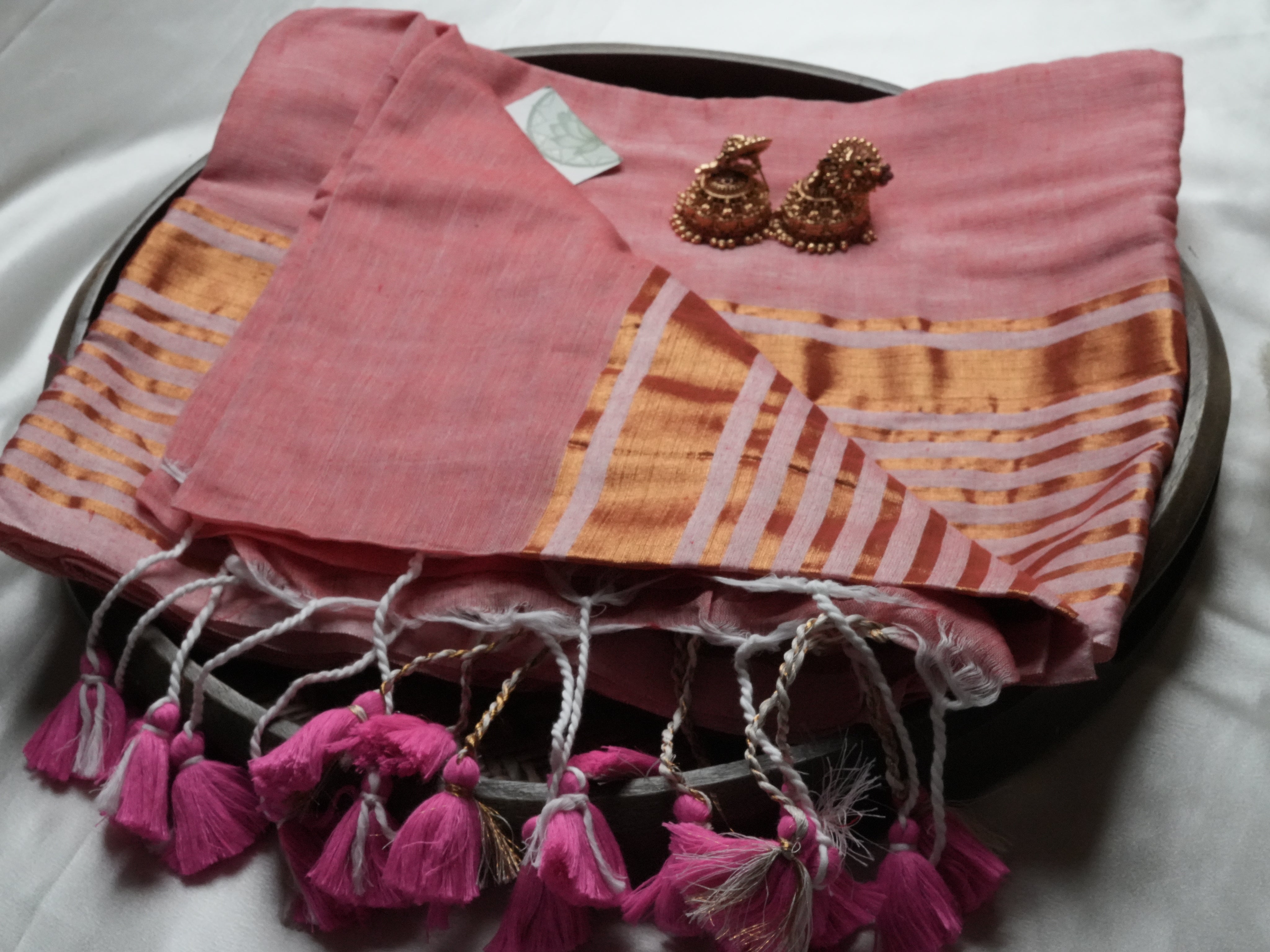 Dusty Rose & Copper Zari Block Edition Mulcotton Saree 🌸