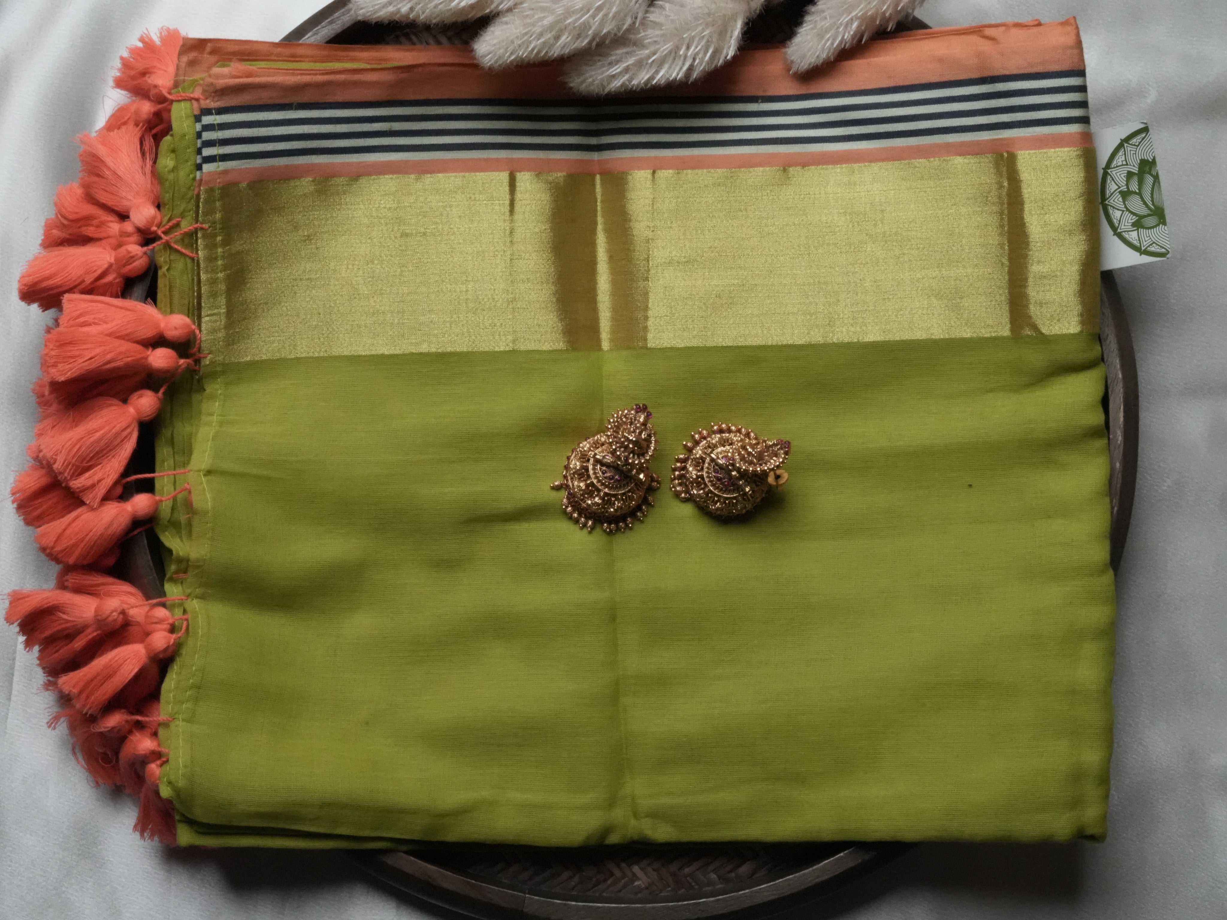 Olive Green & Coral Peach Border Edition Mulcotton Saree 🌿