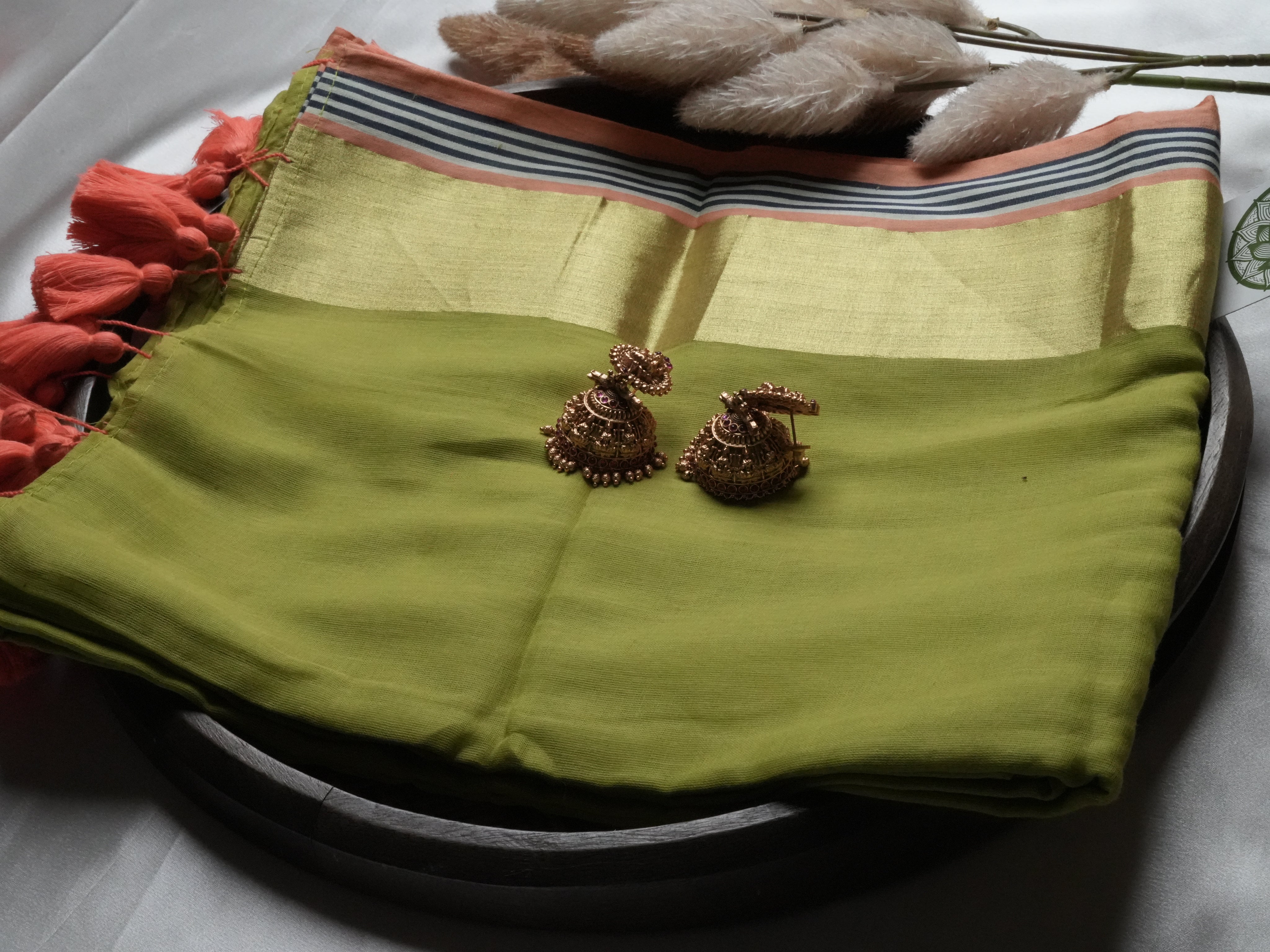 Olive Green & Coral Peach Border Edition Mulcotton Saree 🌿