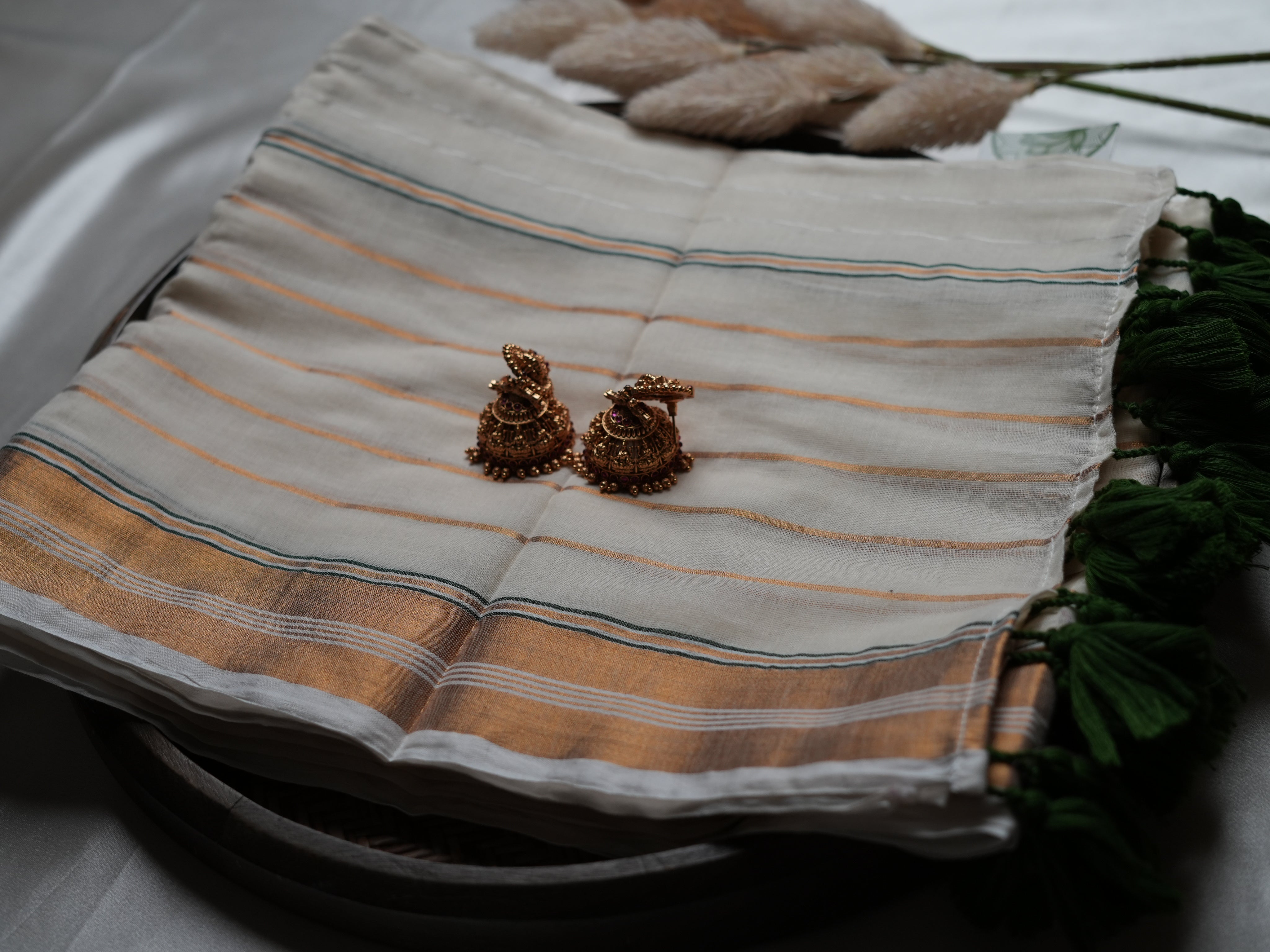 Deep Forest Green & Copper Zari Accent Edition Mulcotton Saree 🌿