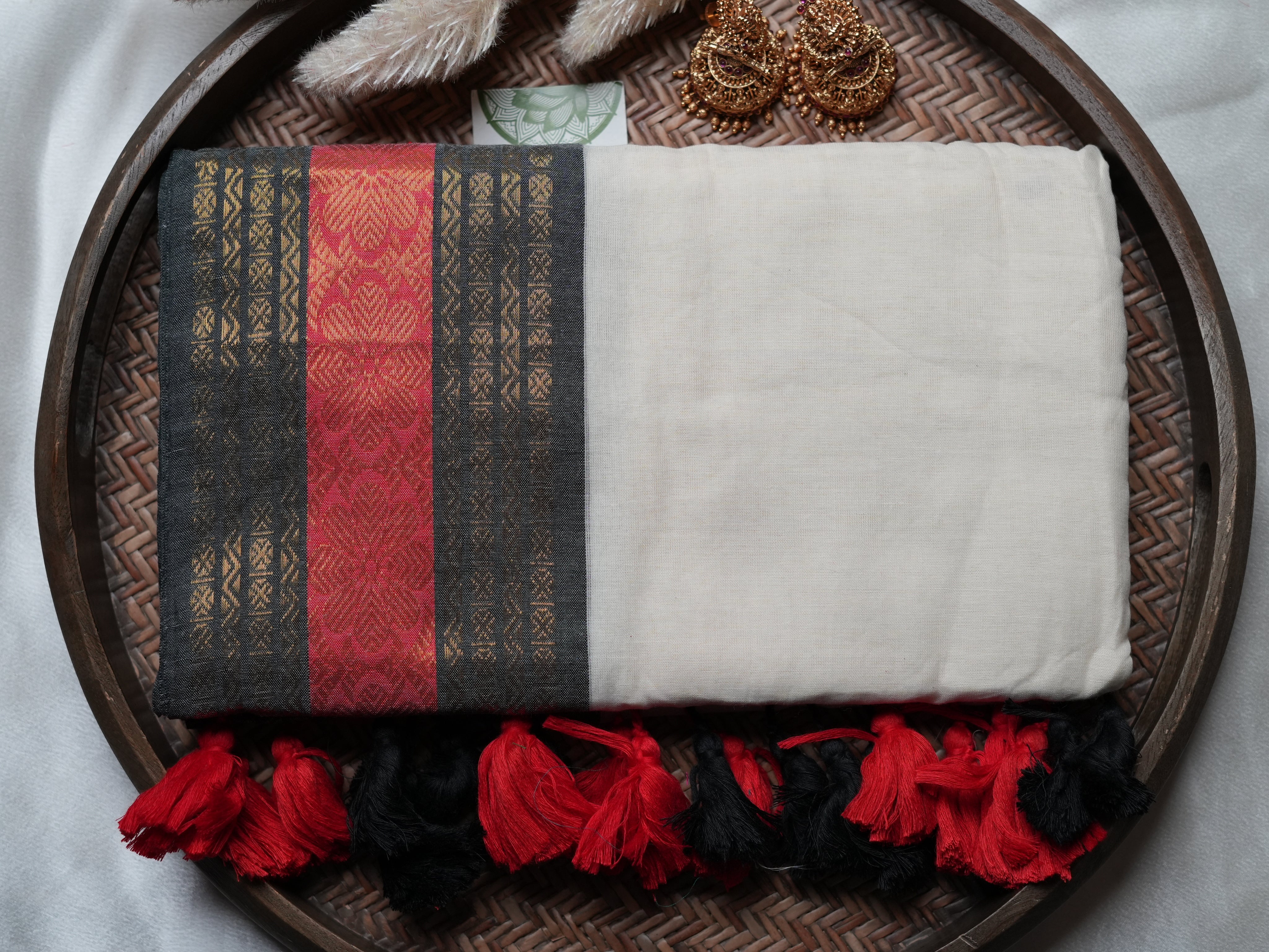 Premium Mulcotton Saree — Charcoal Black & Crimson Red Brocade Edition 🖤