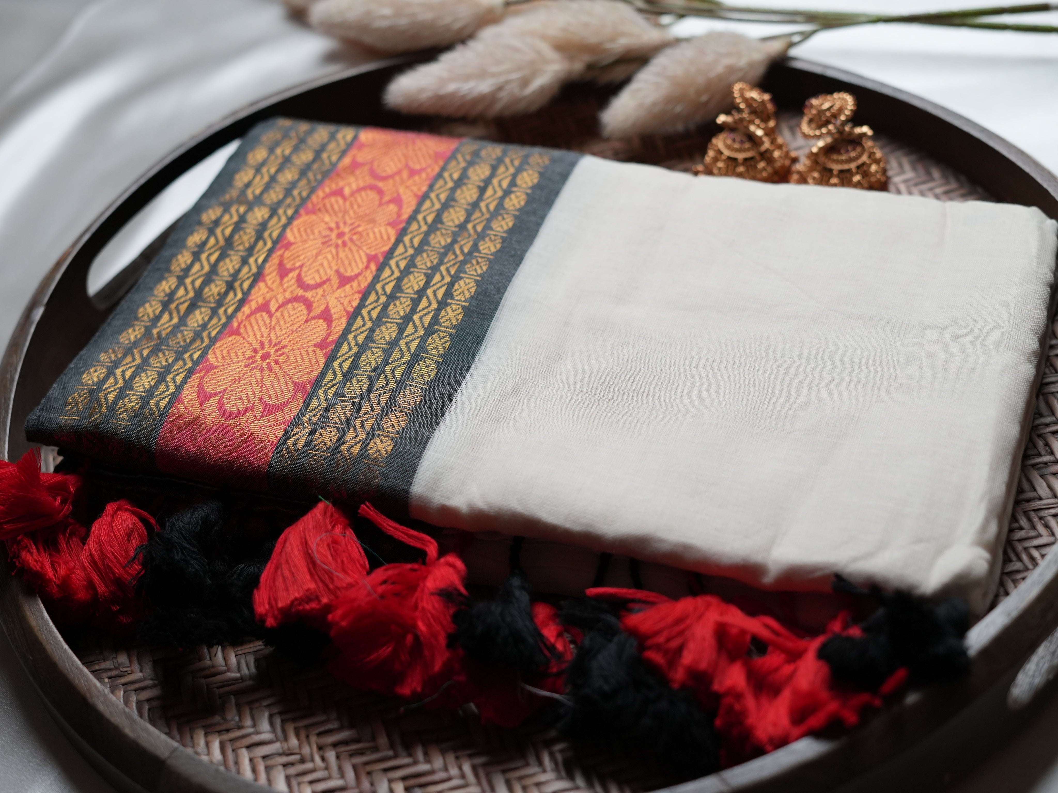 Premium Mulcotton Saree — Charcoal Black & Crimson Red Brocade Edition 🖤