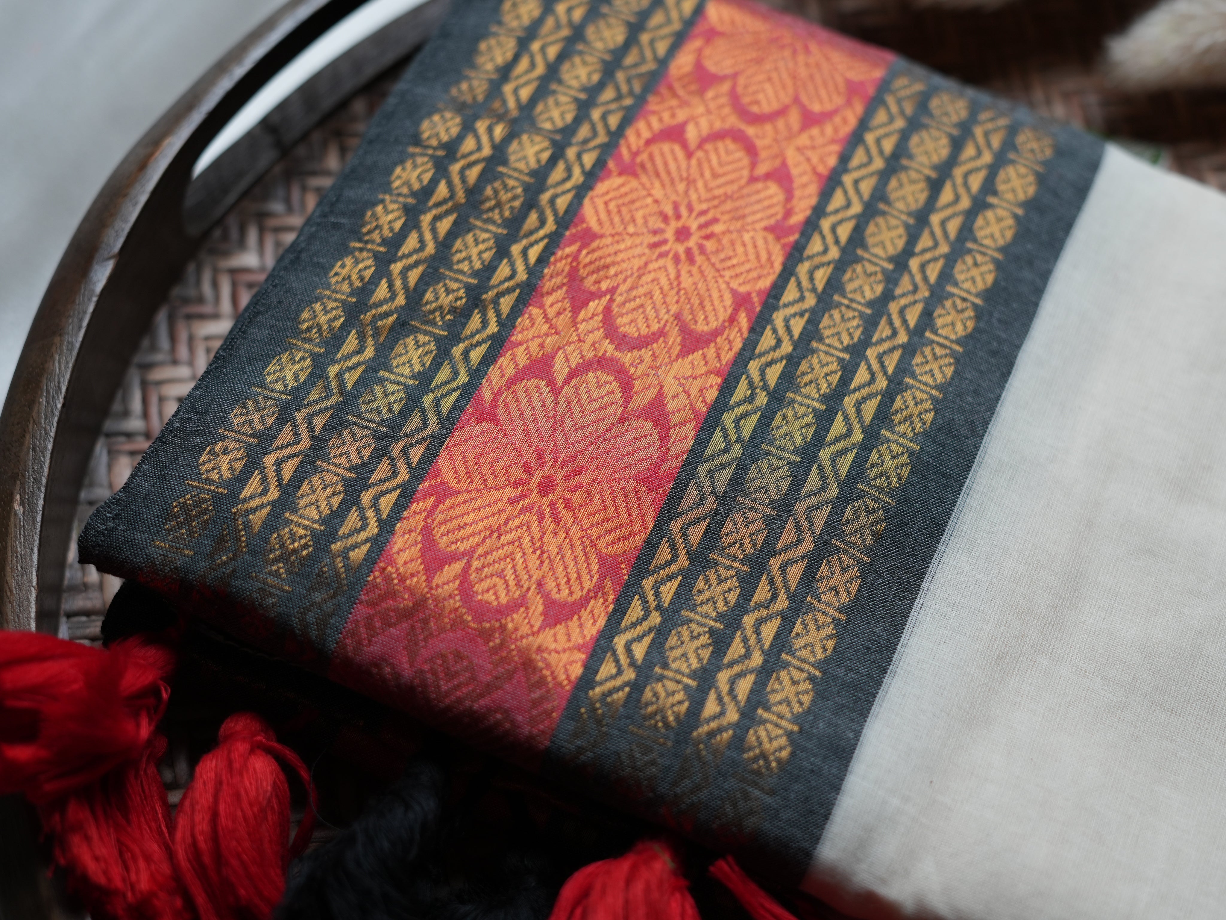 Premium Mulcotton Saree — Charcoal Black & Crimson Red Brocade Edition 🖤