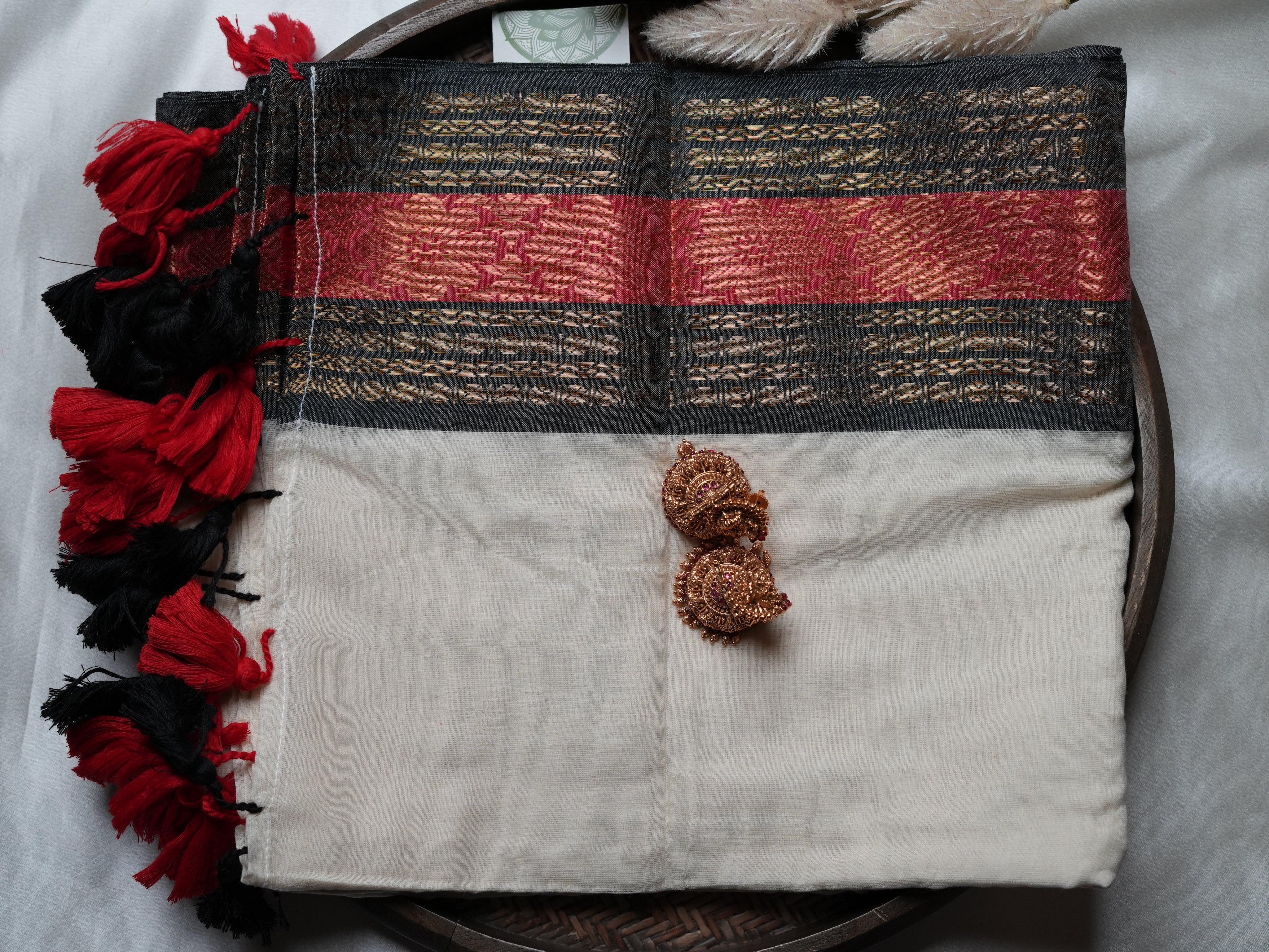 Premium Mulcotton Saree — Charcoal Black & Crimson Red Brocade Edition 🖤