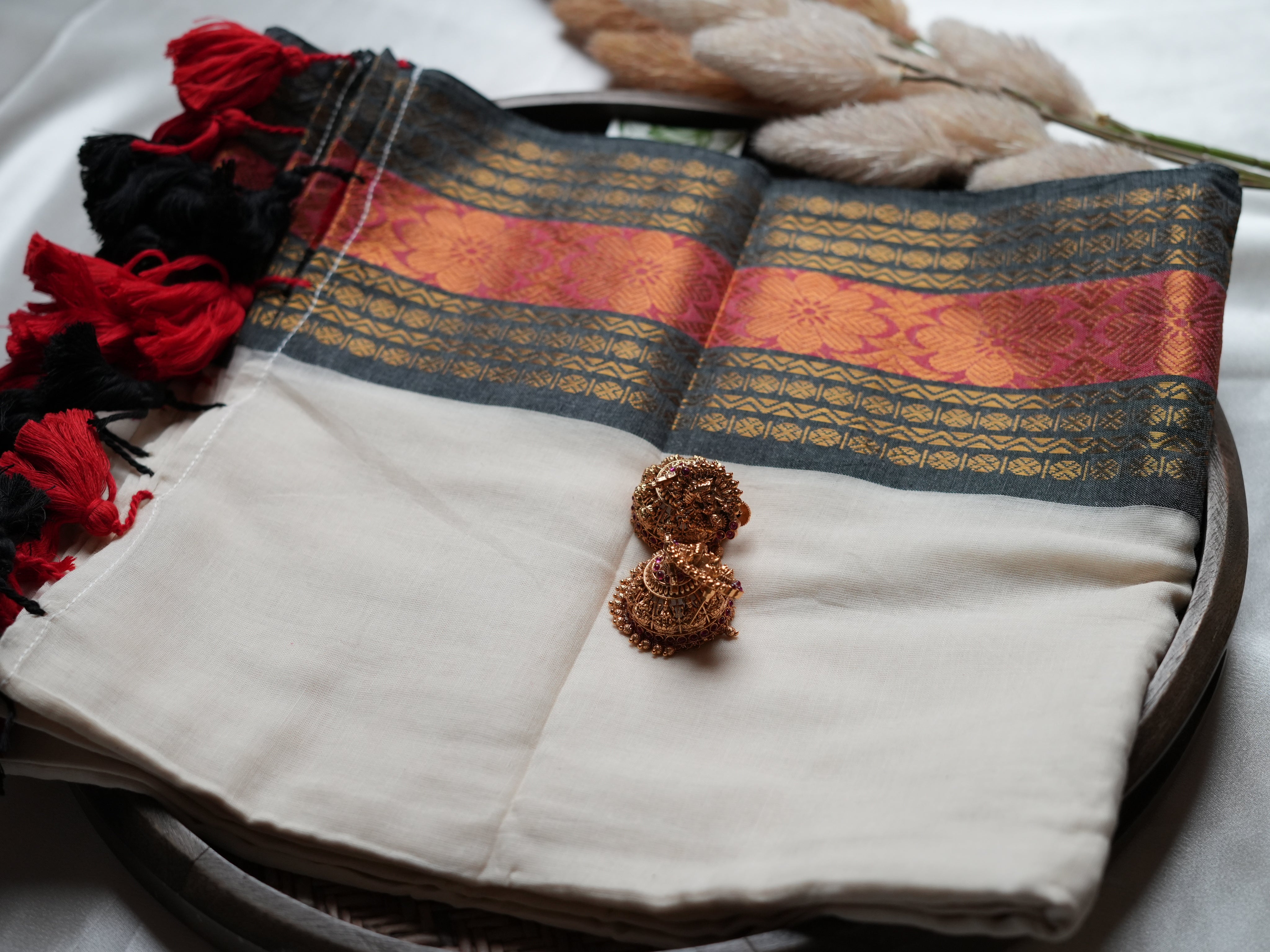 Premium Mulcotton Saree — Charcoal Black & Crimson Red Brocade Edition 🖤