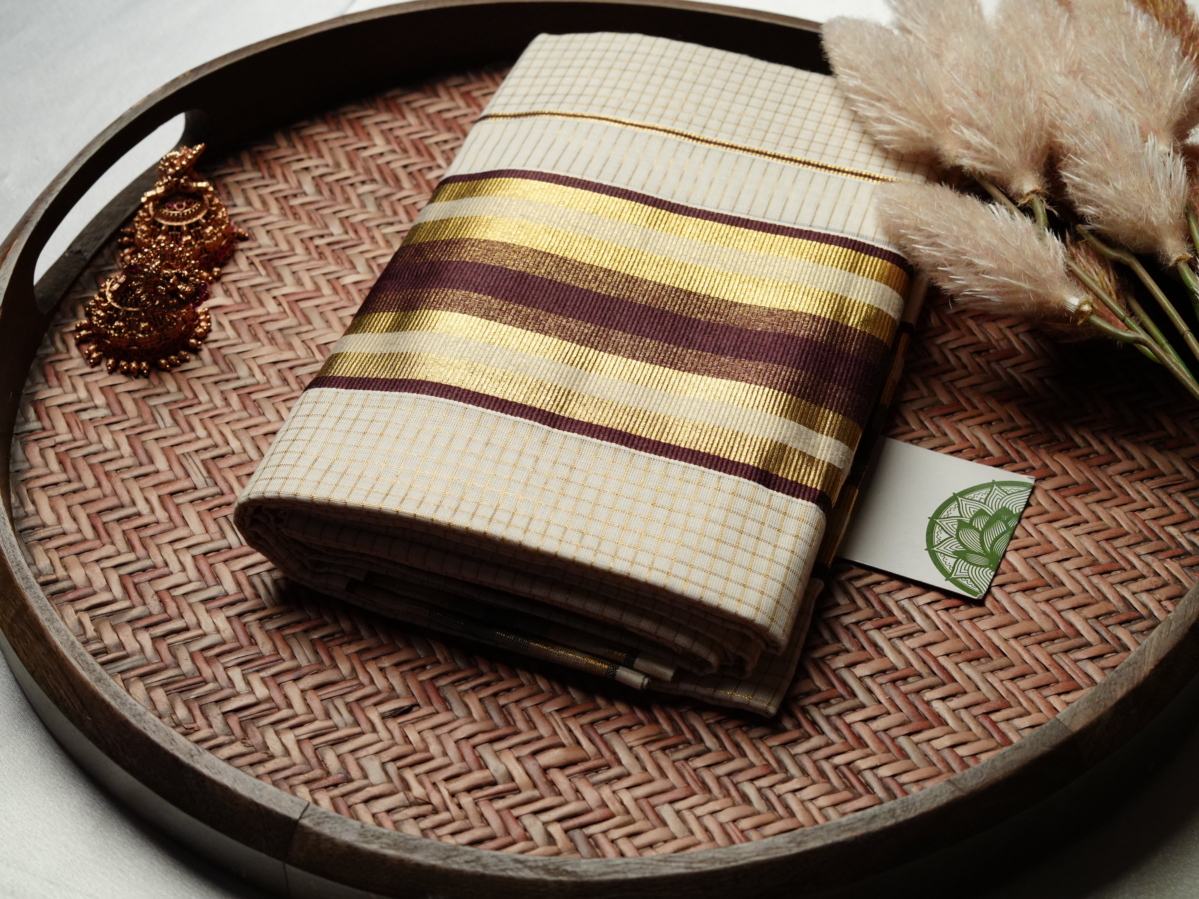 Designer Pure Cotton Set Mundu with Mustard, Brown, and Burgundy Multicolored Border