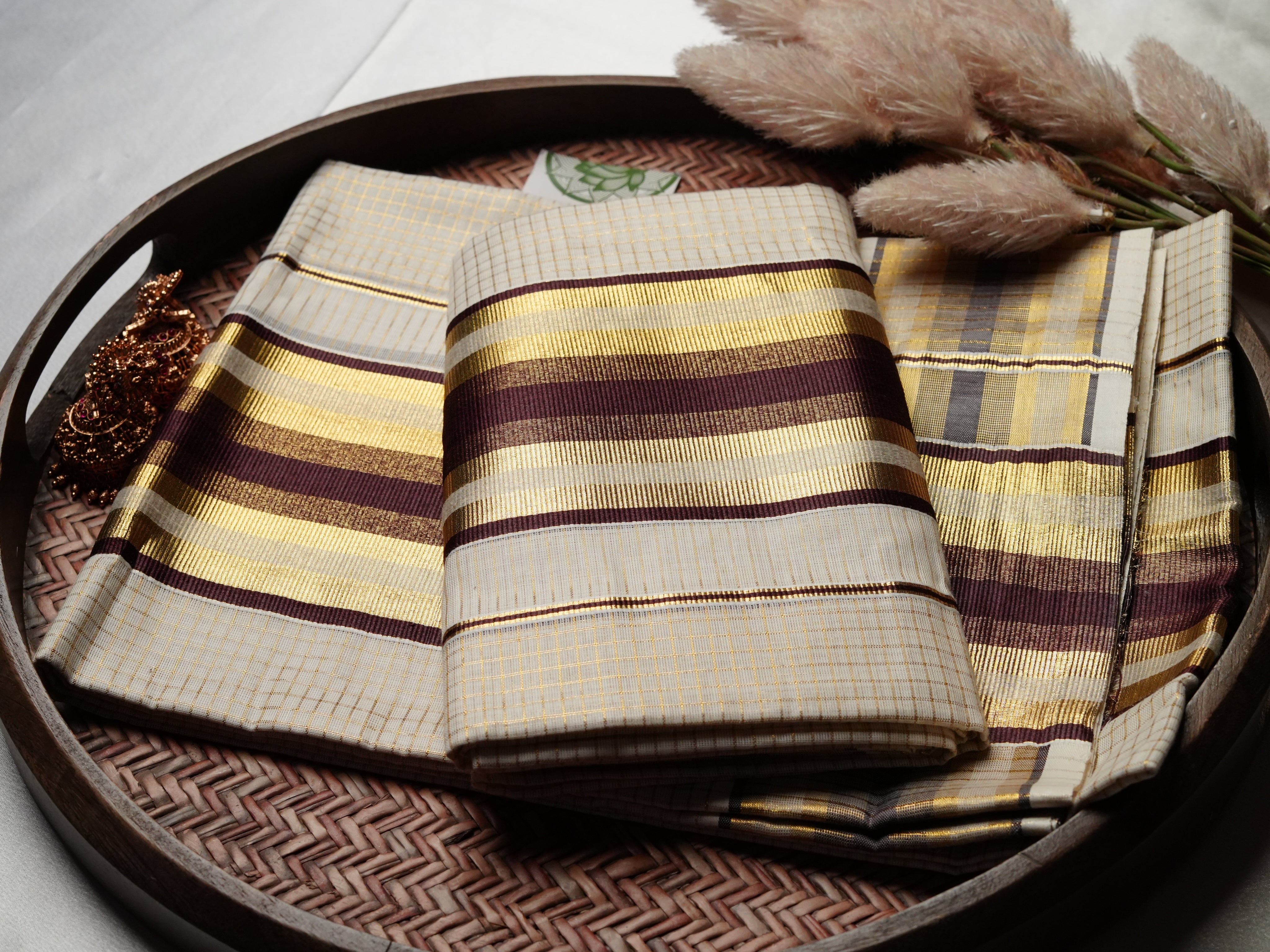 Designer Pure Cotton Set Mundu with Mustard, Brown, and Burgundy Multicolored Border