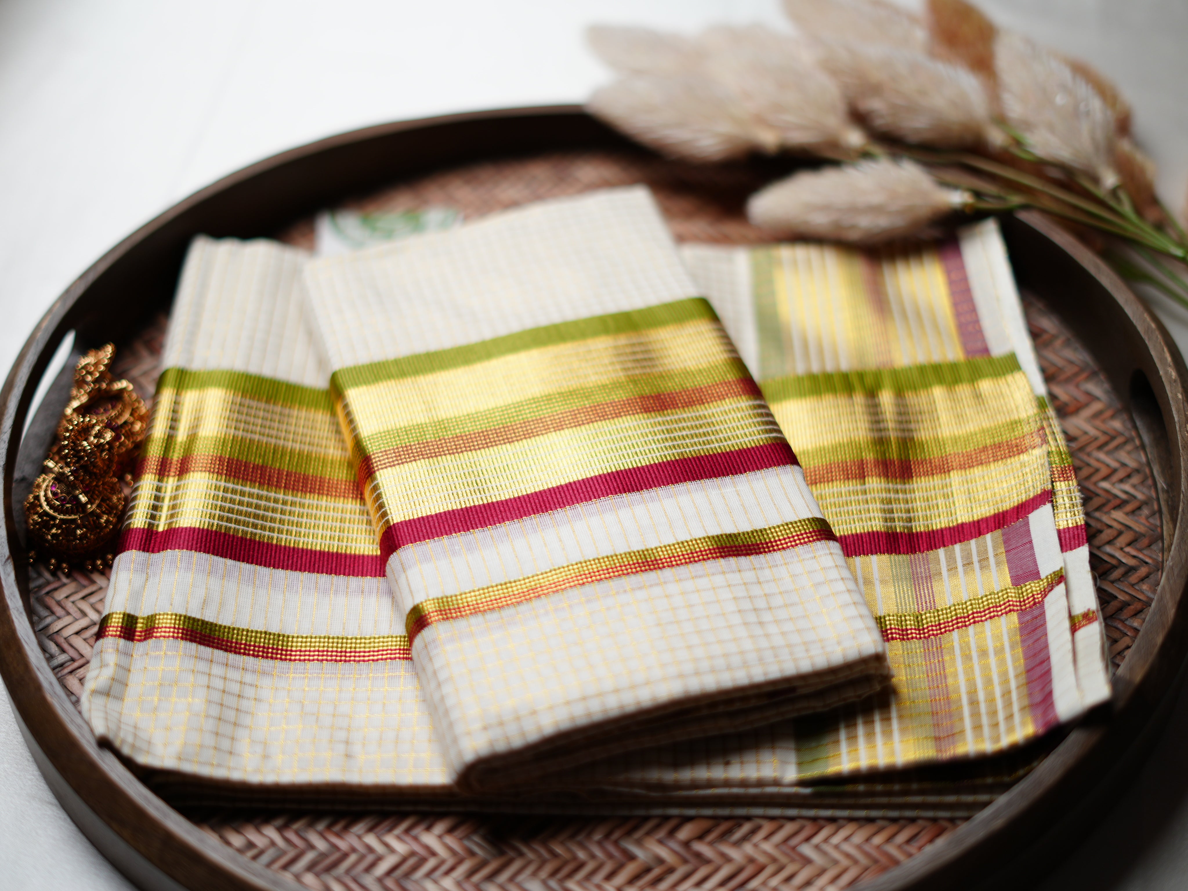 Contemporary Kerala Single Set Mundu with Vibrant Multi-Color Striped Borders