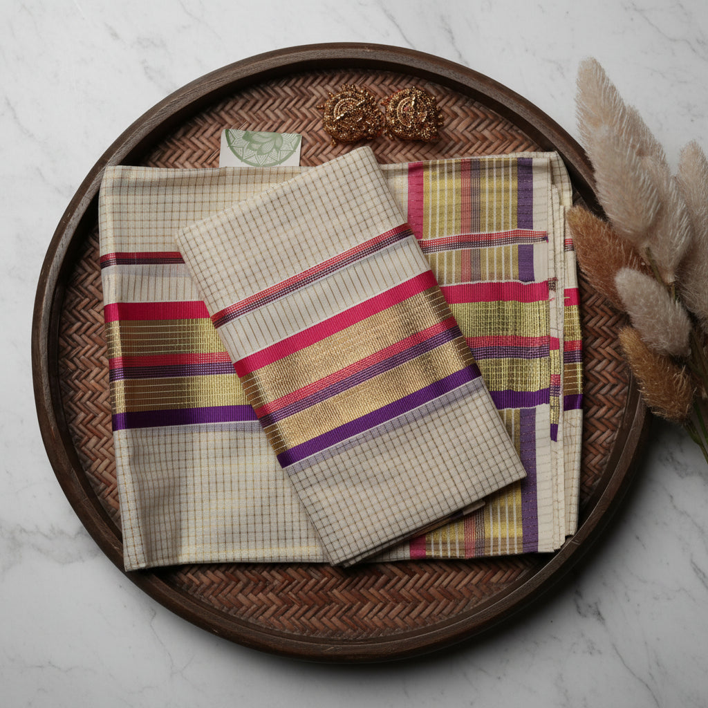 Multi-Color Border Kerala Kasavu Set Mundu in Royal Purple & Magenta
