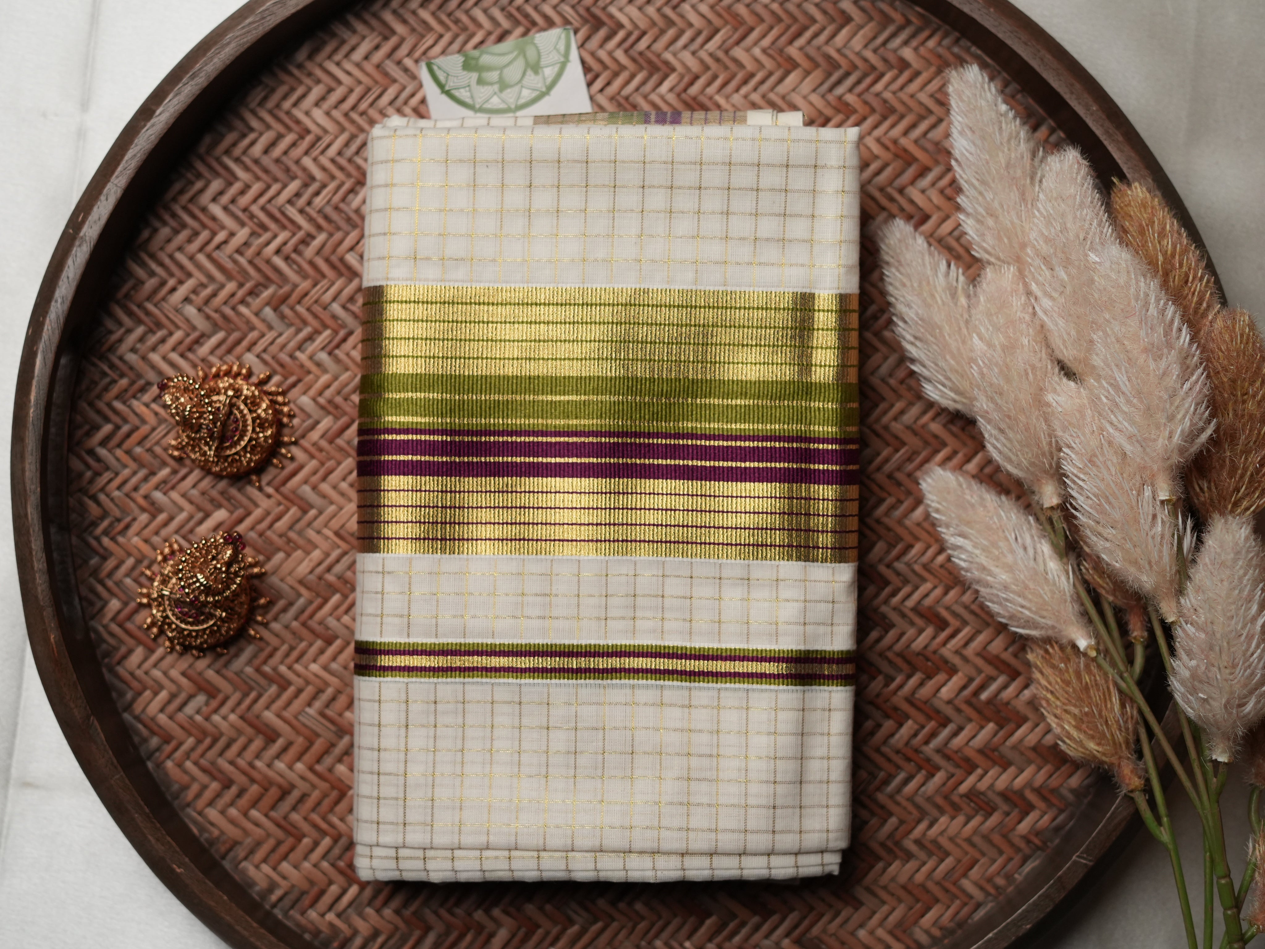 Traditional Charm: Handloom Replica Kerala Set Mundu in olive gree, deep magenta & purple