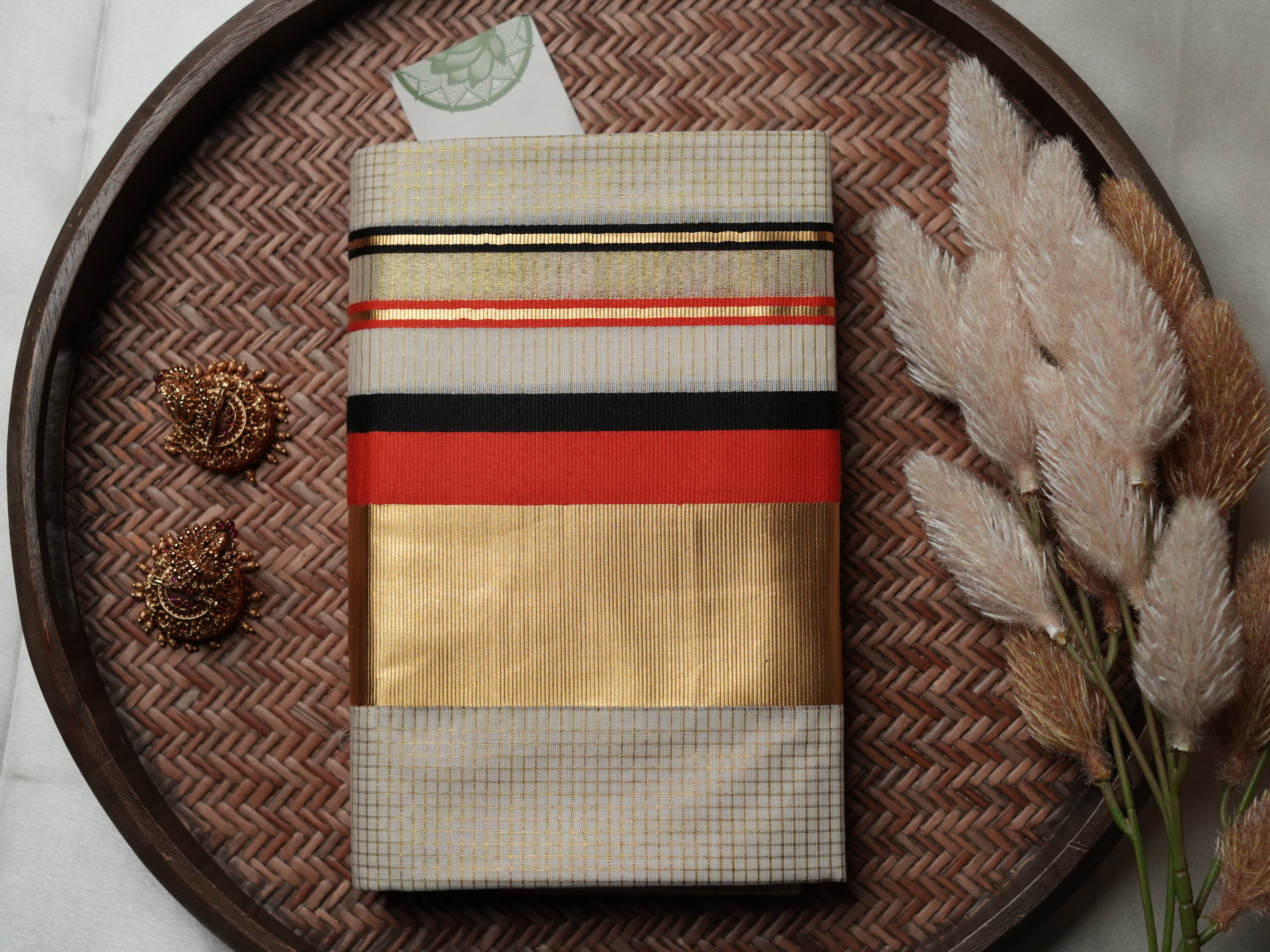 Premium Kerala Single Set Mundu with Brick Red and Multi-Color Borders