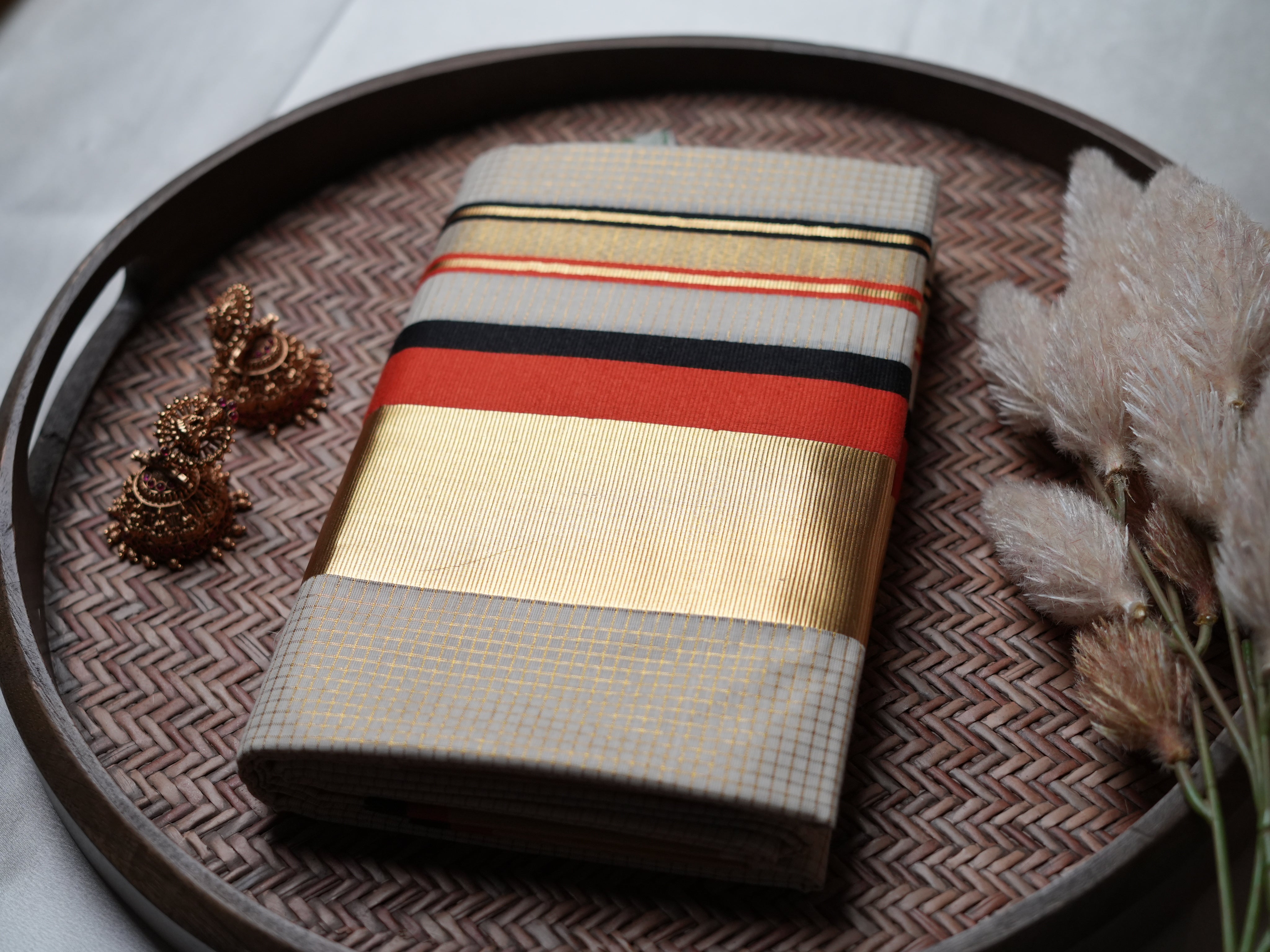 Premium Kerala Single Set Mundu with Brick Red and Multi-Color Borders