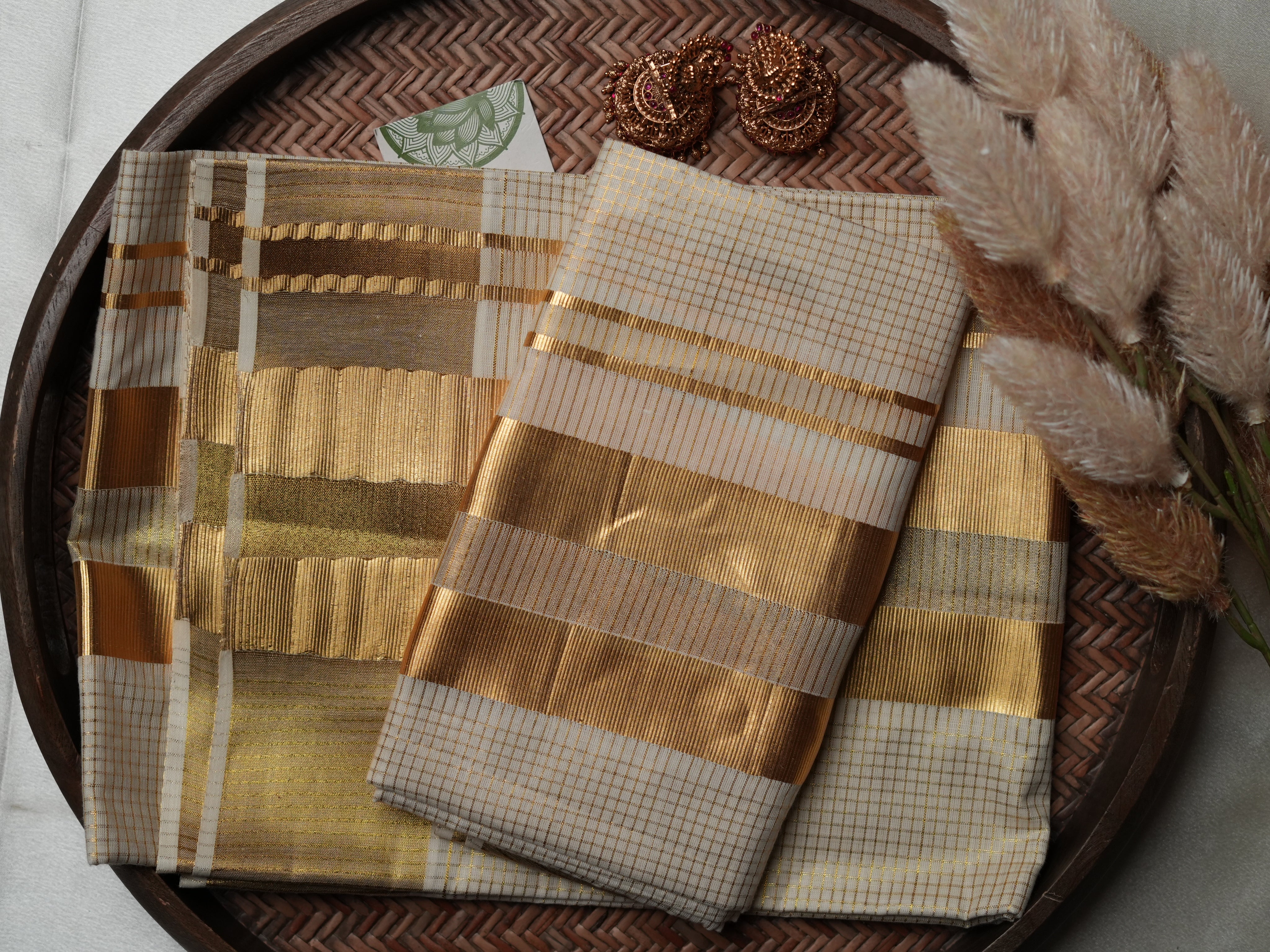 Royal Gold & Ivory Premium Handloom Replica Kerala Set Mundu with microchecks