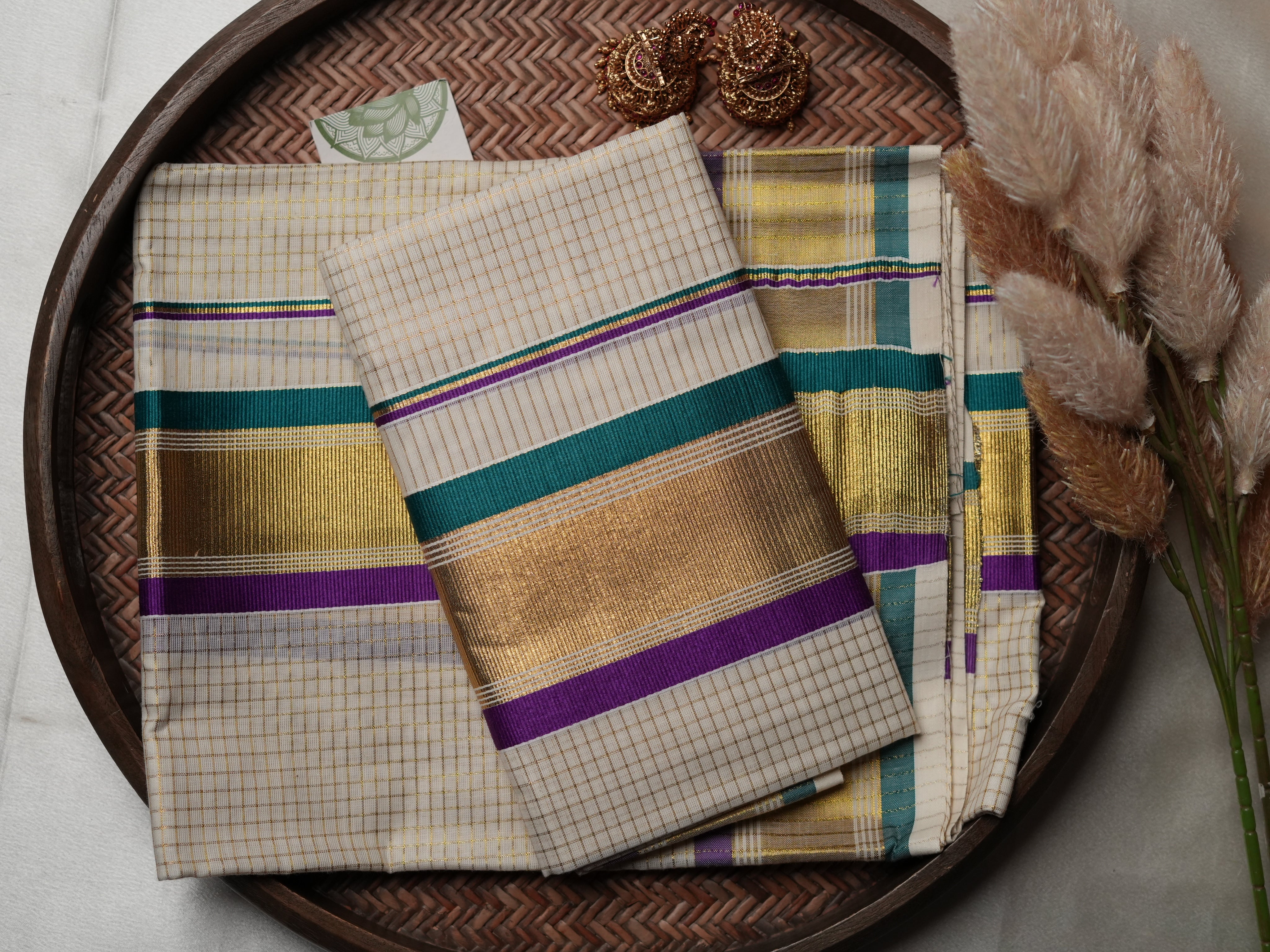 Contemporary Kerala Single Set Mundu with Bold Navy & Silver Striped Borders