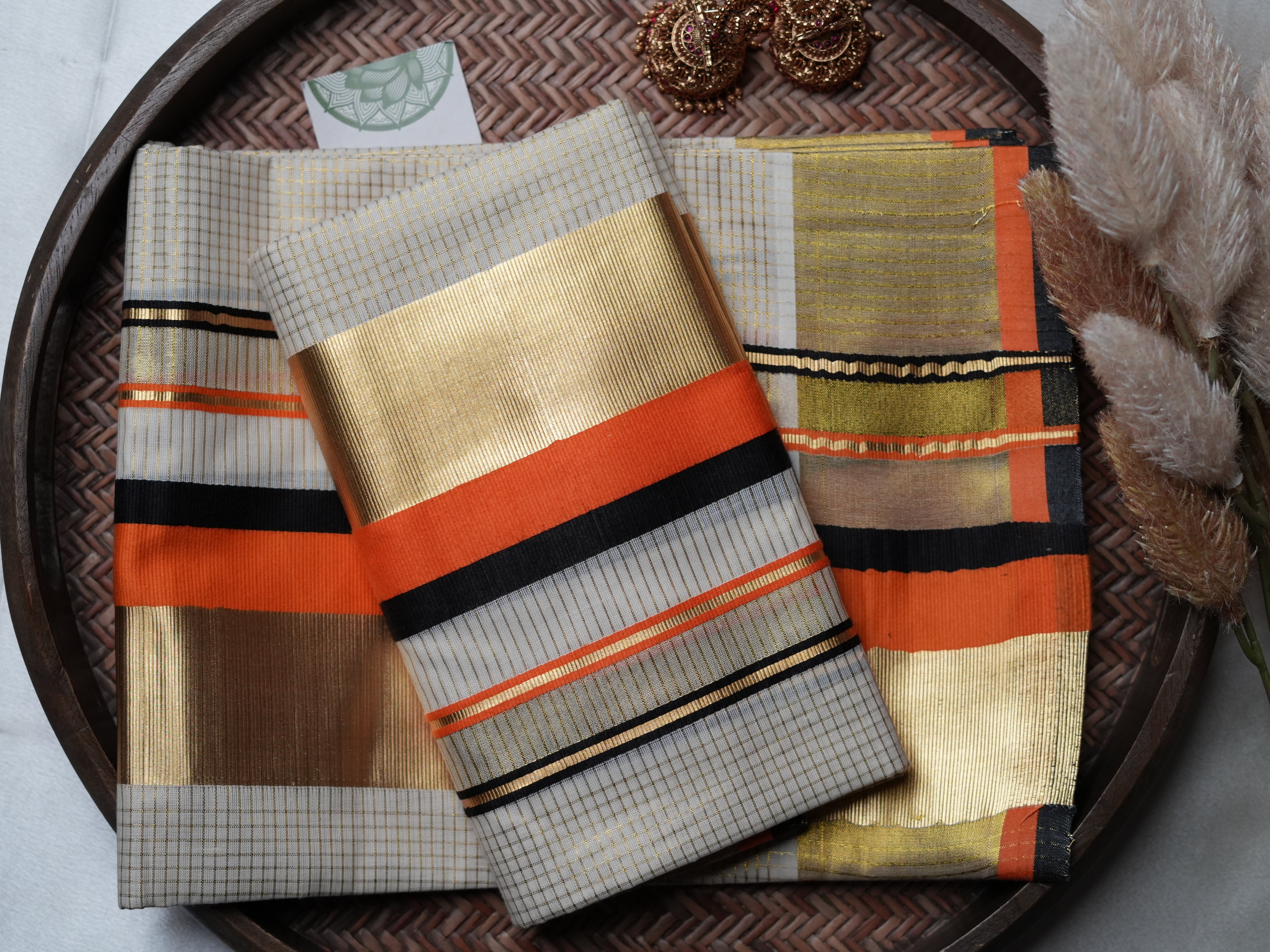 Premium Kerala Single Set Mundu with Vibrant Orange and Multi-Color Borders