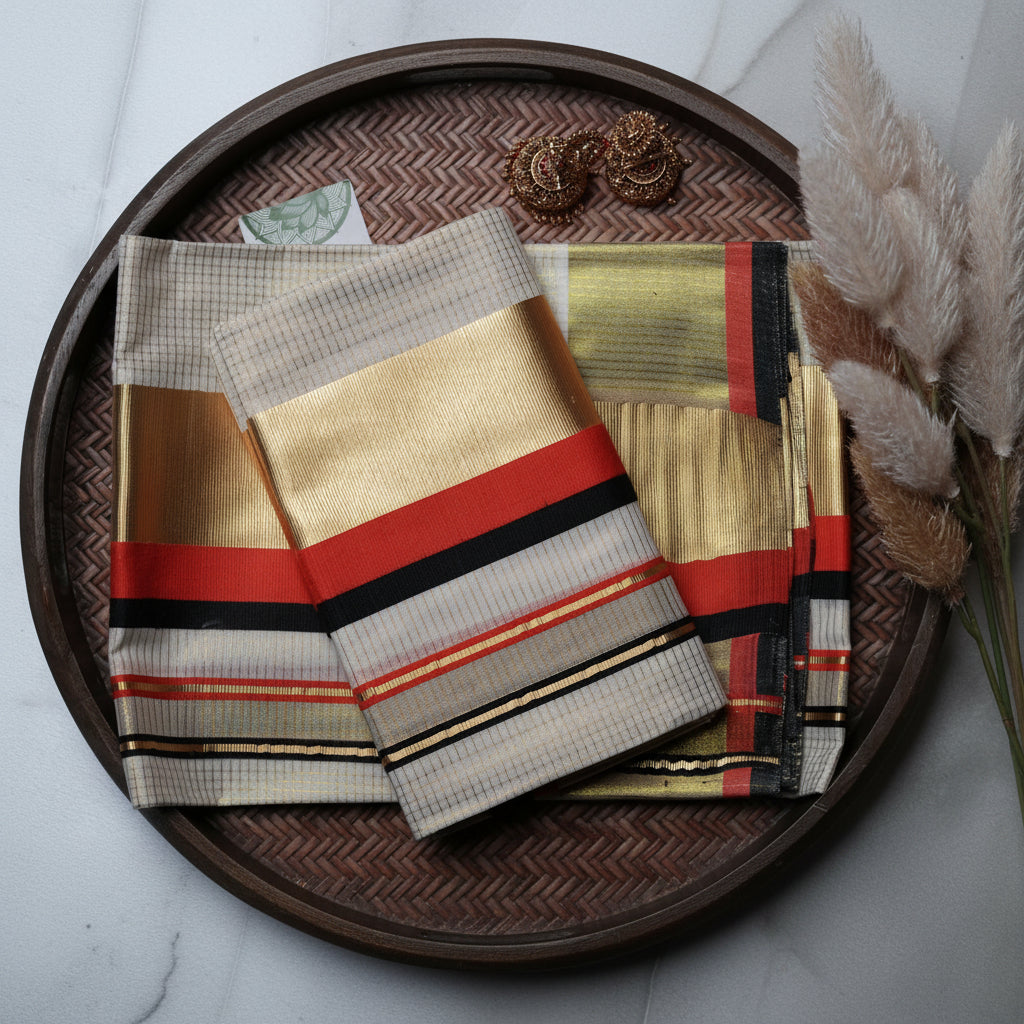 Premium Kerala Single Set Mundu with Brick Red and Multi-Color Borders