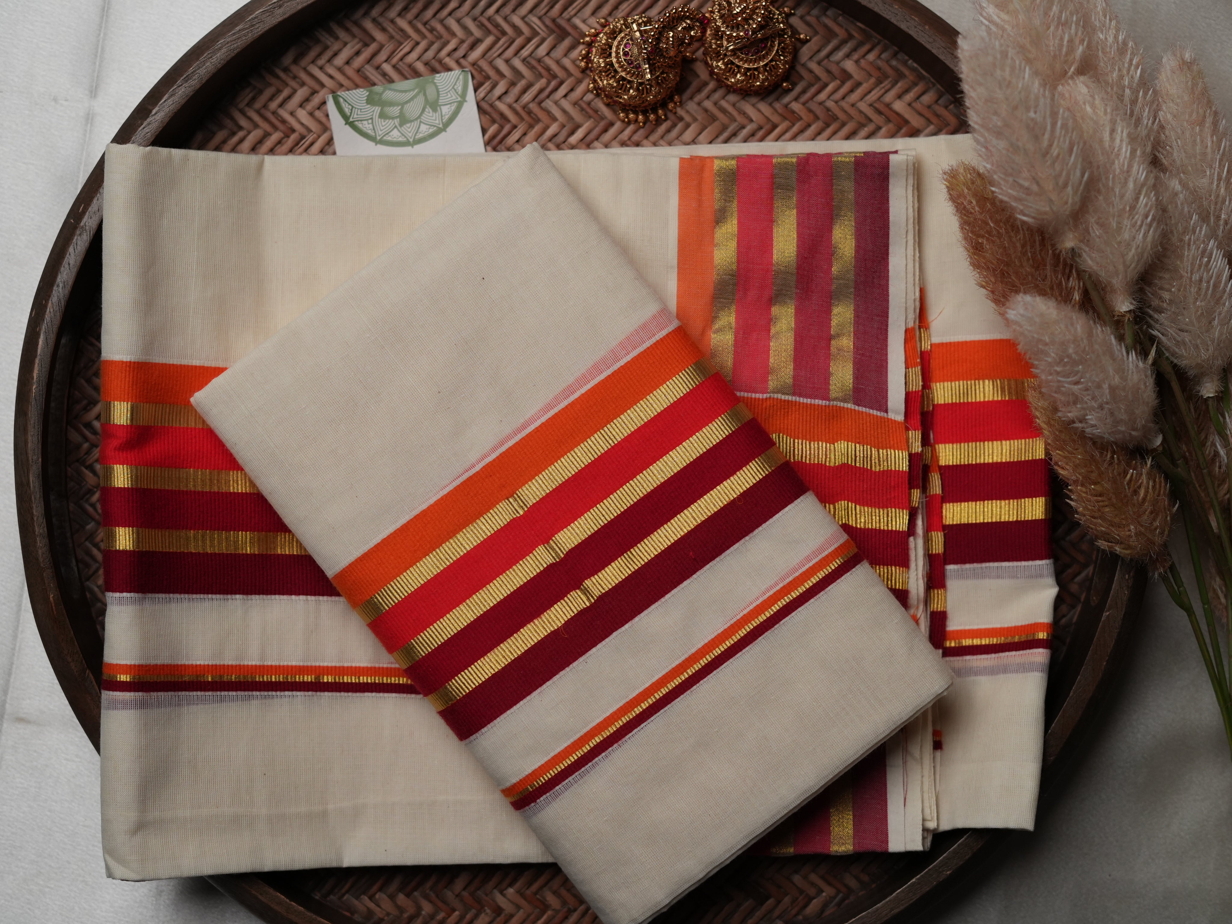 Contemporary Kerala Single Set Mundu with Multi-Color Striped Borders
