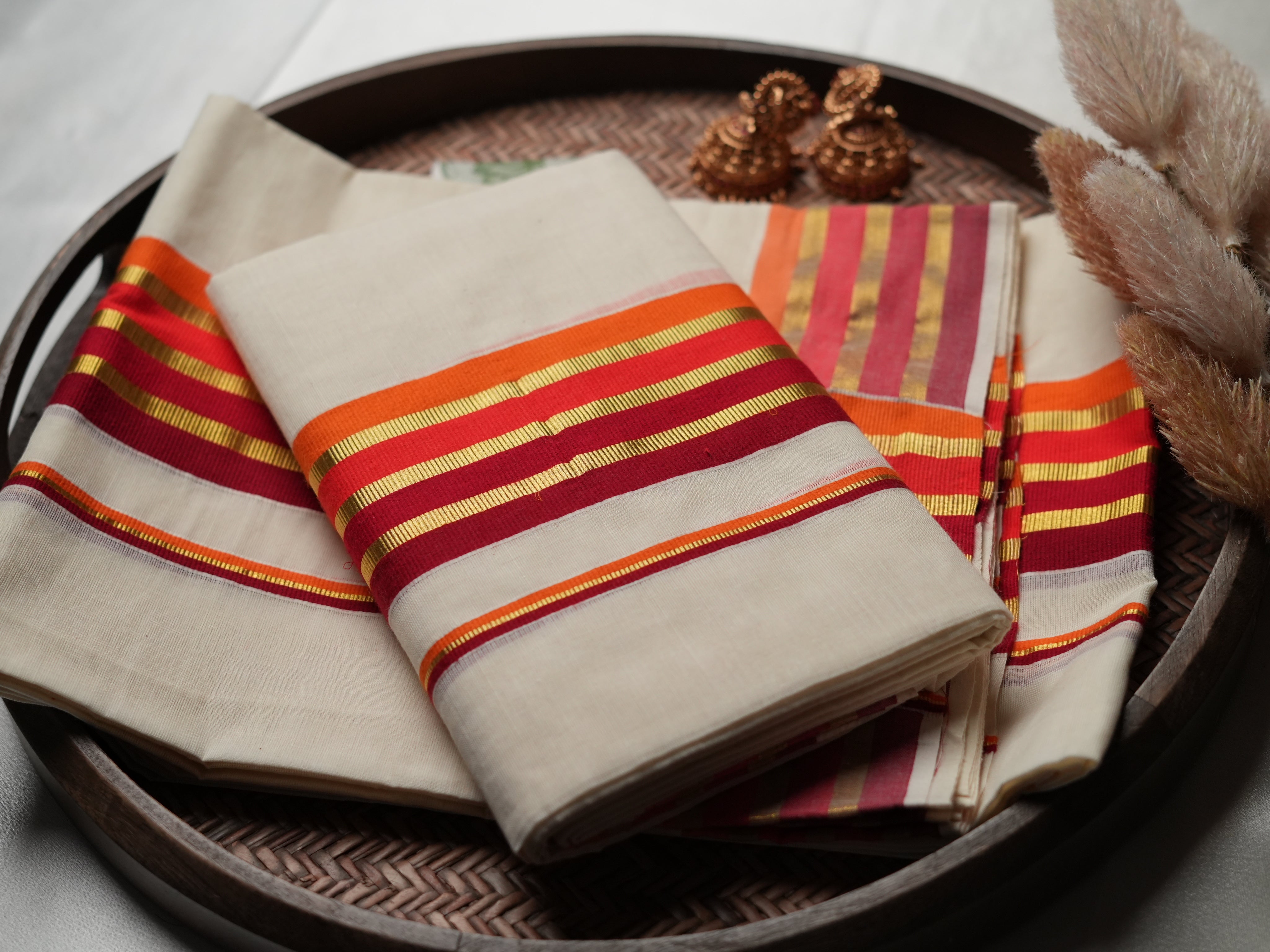 Contemporary Kerala Single Set Mundu with Multi-Color Striped Borders
