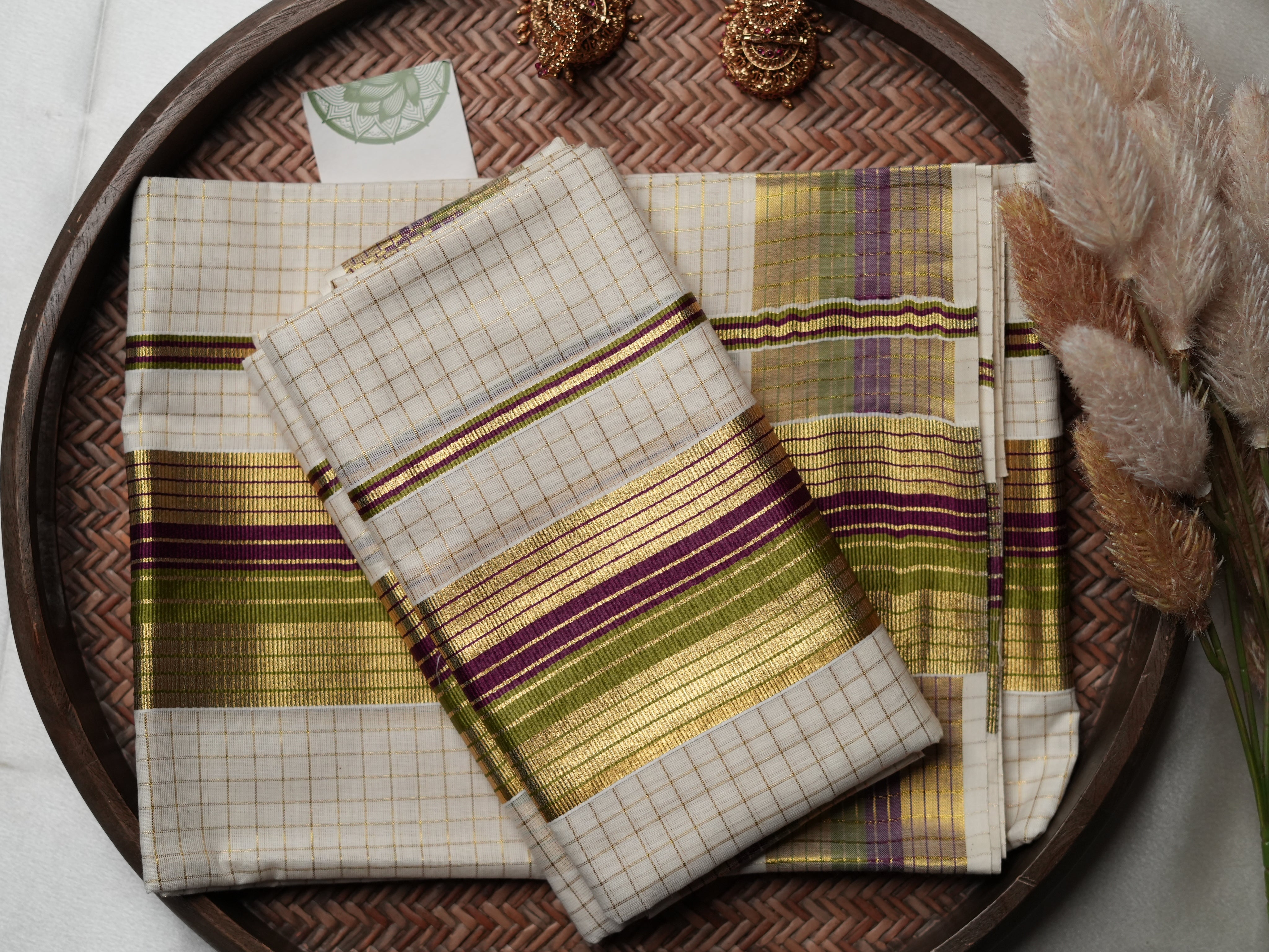Traditional Charm: Handloom Replica Kerala Set Mundu in olive gree, deep magenta & purple