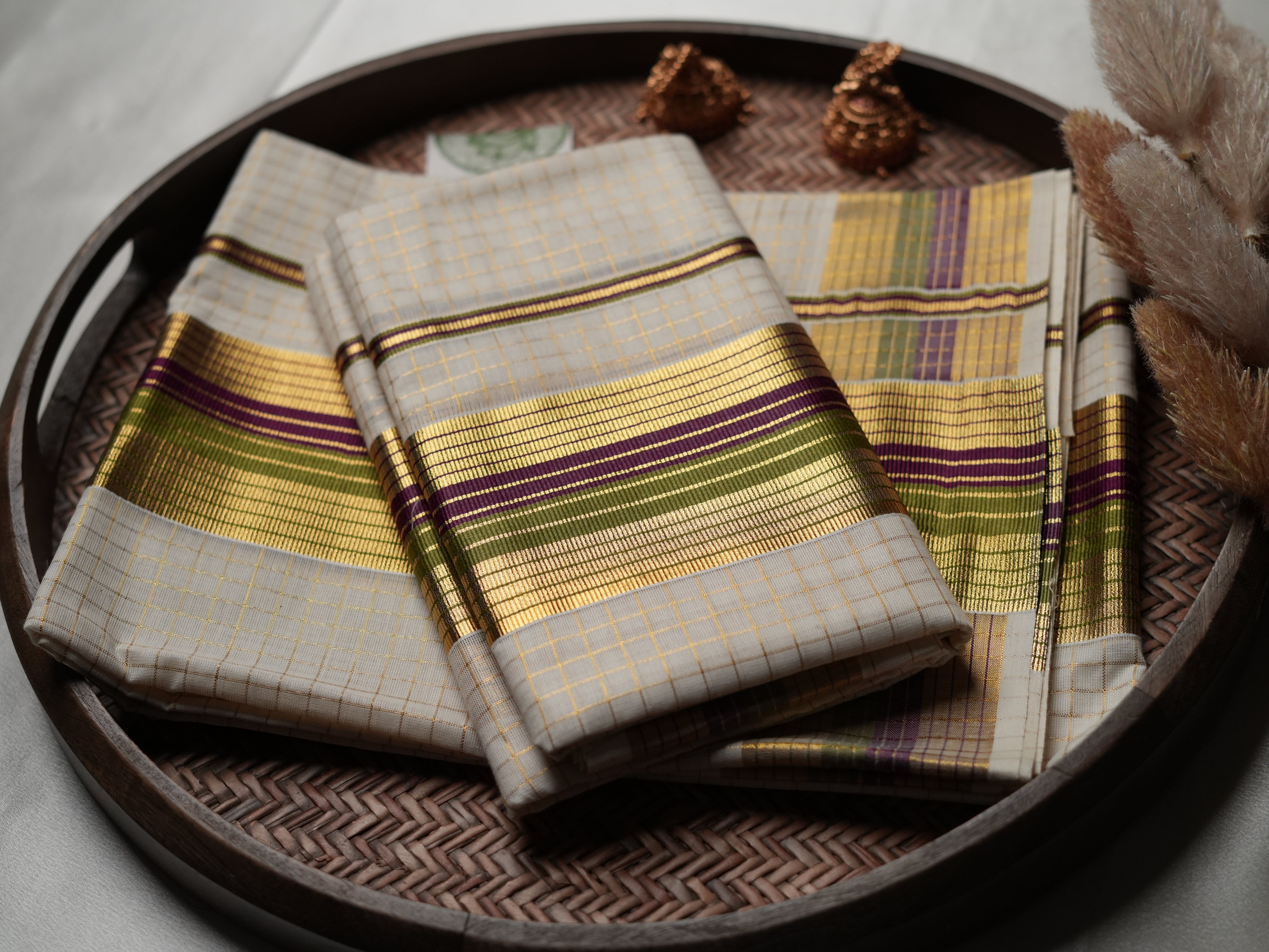 Traditional Charm: Handloom Replica Kerala Set Mundu in olive gree, deep magenta & purple
