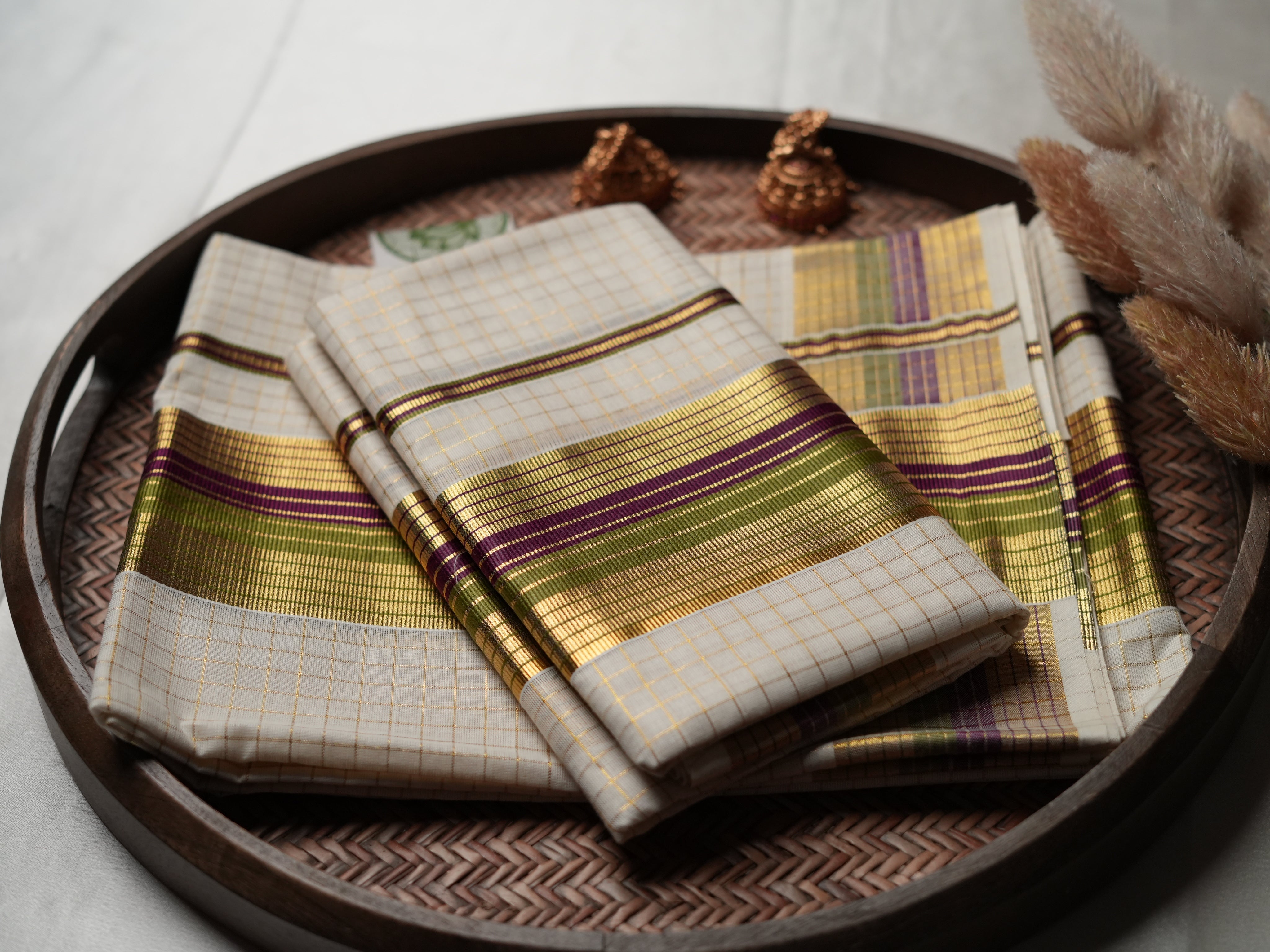Traditional Charm: Handloom Replica Kerala Set Mundu in olive gree, deep magenta & purple