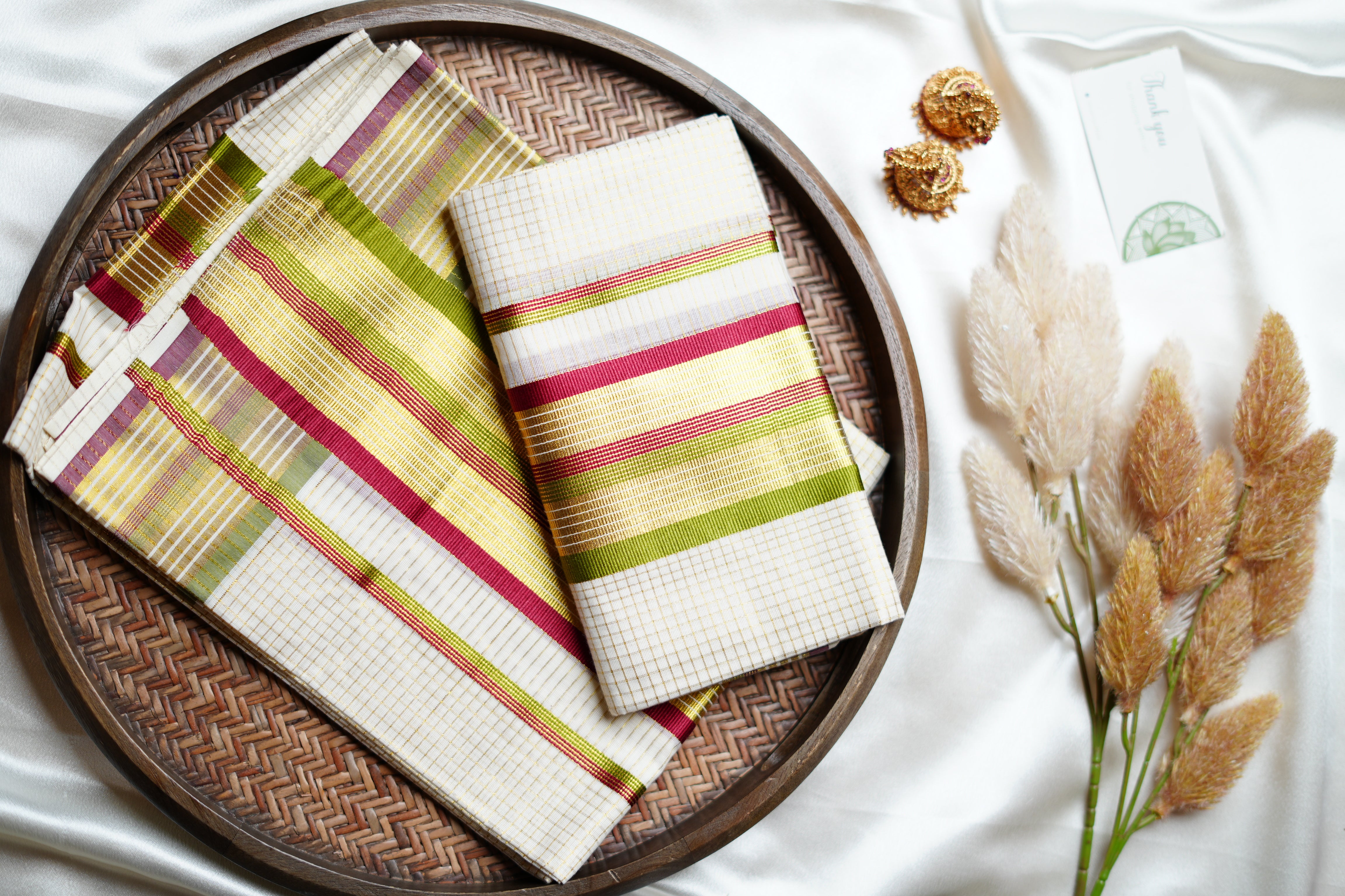 Contemporary Kerala Single Set Mundu with Vibrant Multi-Color Striped Borders
