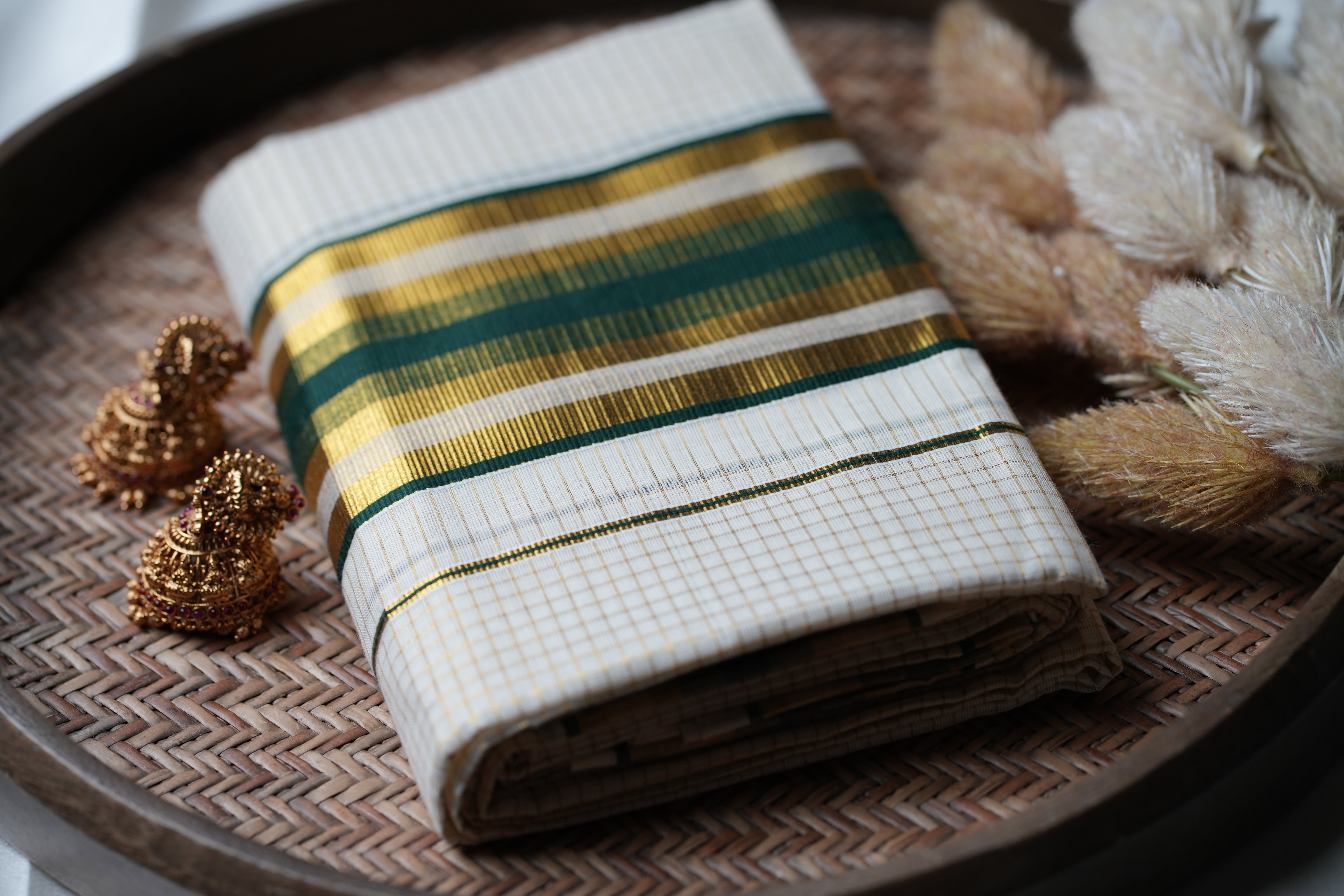 Timeless Heritage: Premium Kerala Set Mundu with Gold Check Body and Deep Bottle Green Stripes