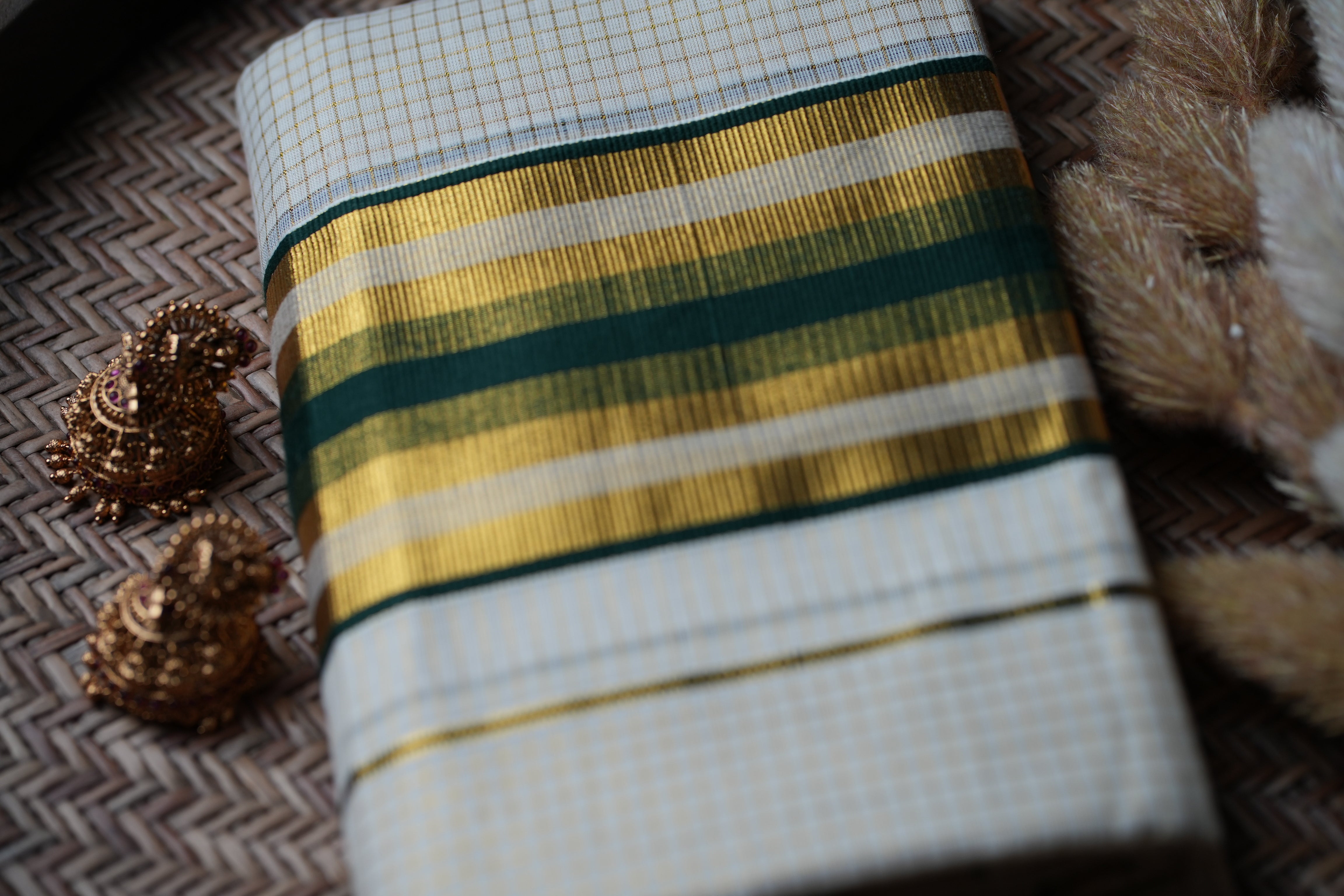 Timeless Heritage: Premium Kerala Set Mundu with Gold Check Body and Deep Bottle Green Stripes