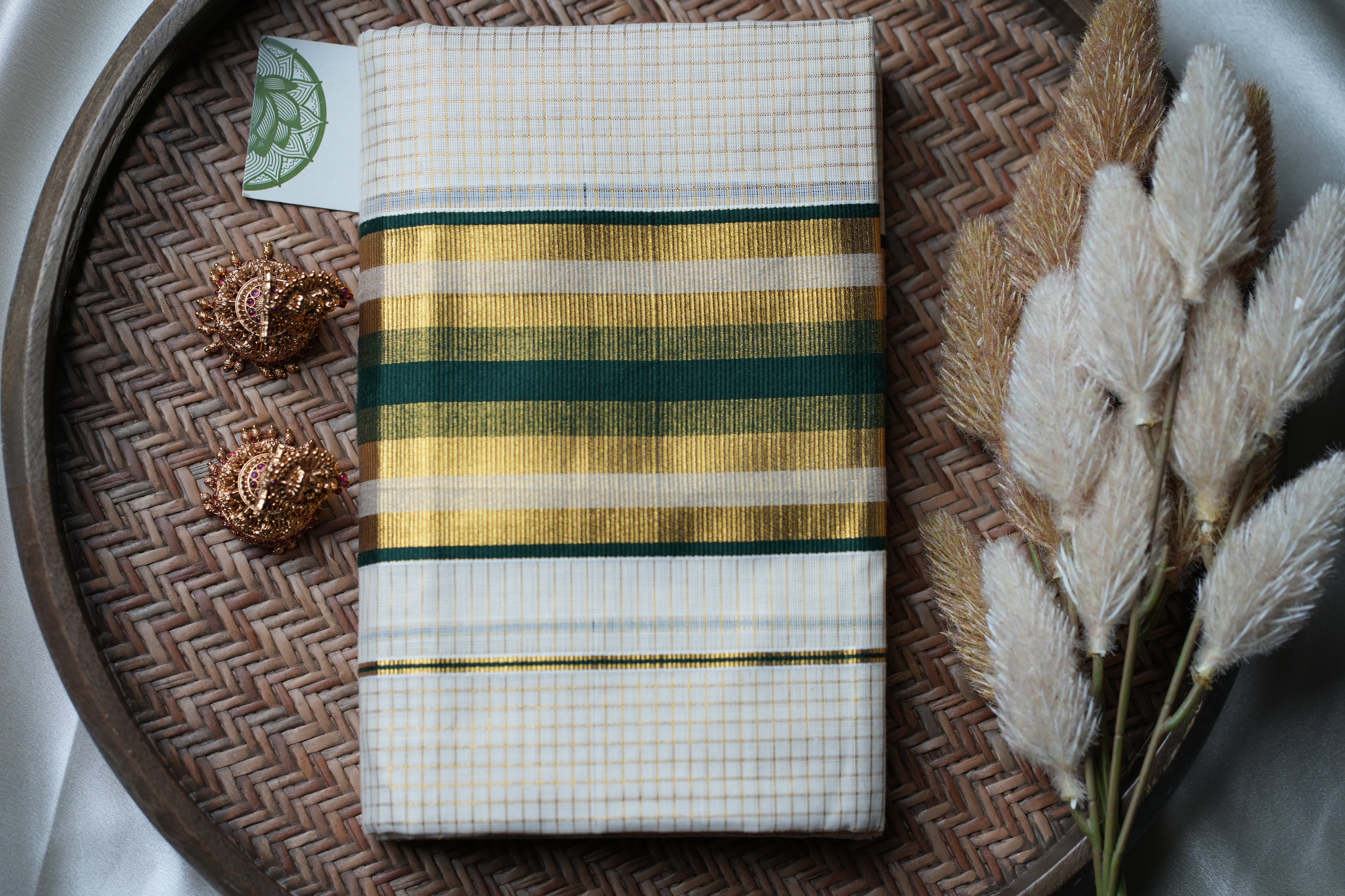 Timeless Heritage: Premium Kerala Set Mundu with Gold Check Body and Deep Bottle Green Stripes