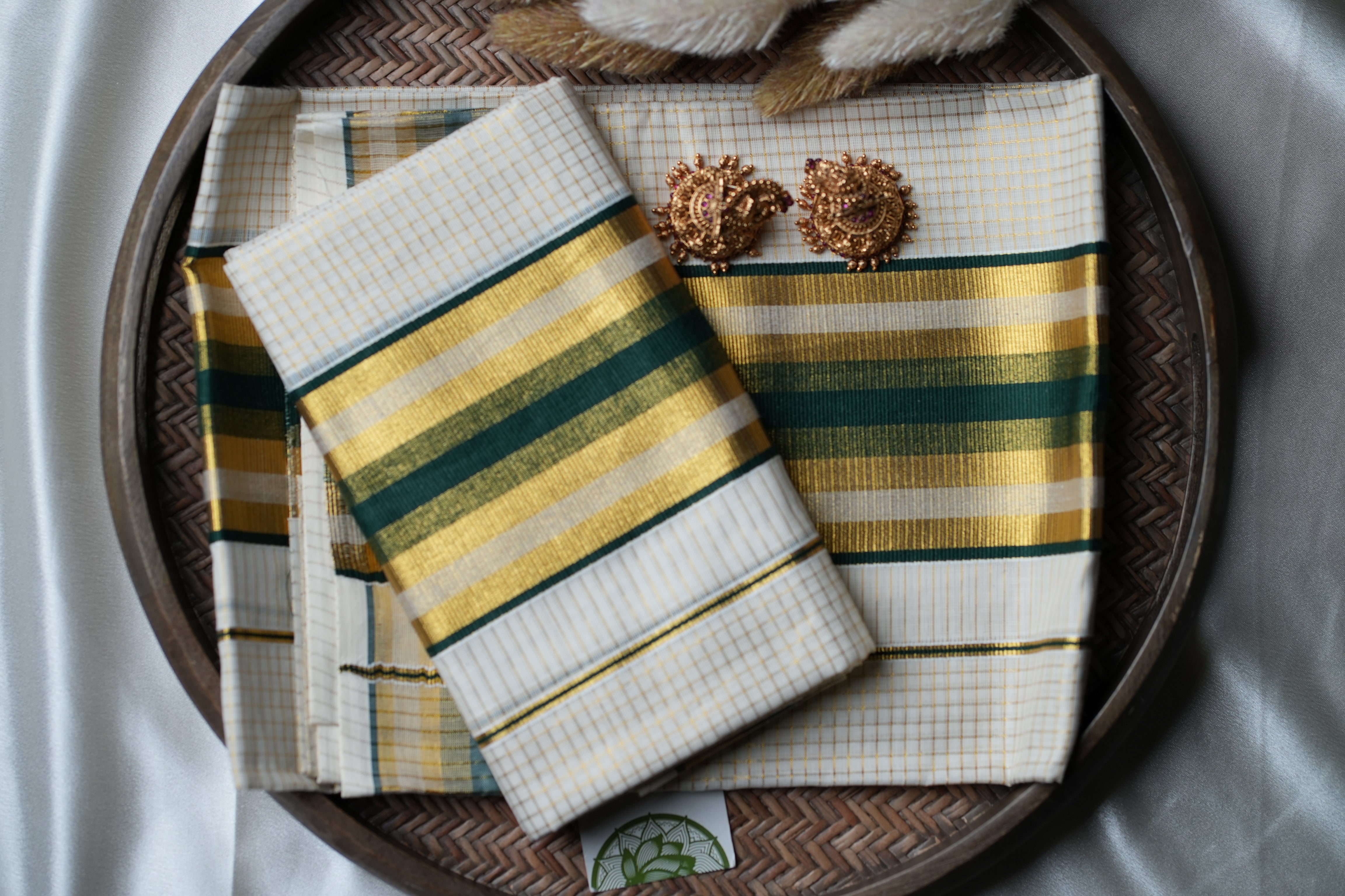 Timeless Heritage: Premium Kerala Set Mundu with Gold Check Body and Deep Bottle Green Stripes