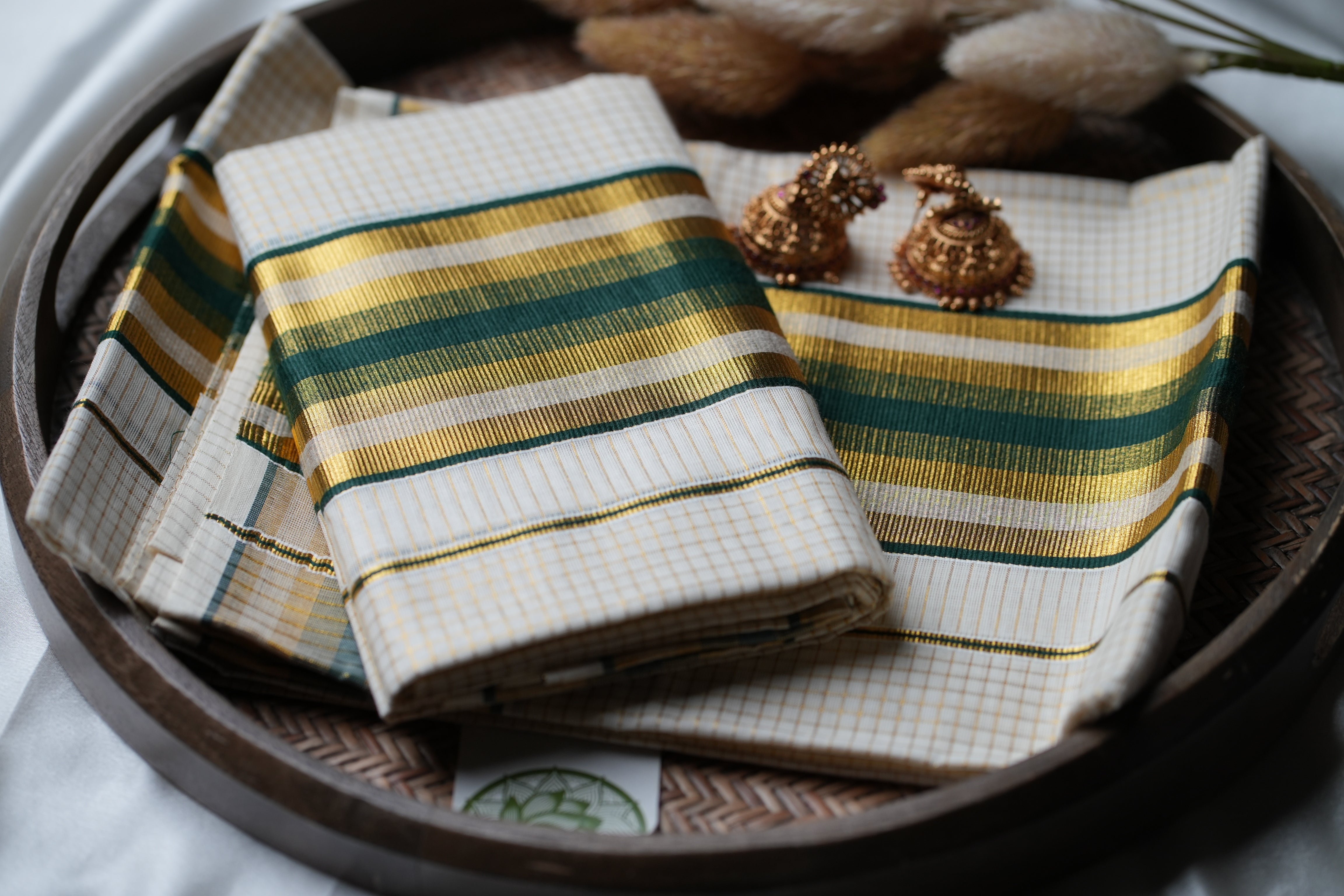 Timeless Heritage: Premium Kerala Set Mundu with Gold Check Body and Deep Bottle Green Stripes