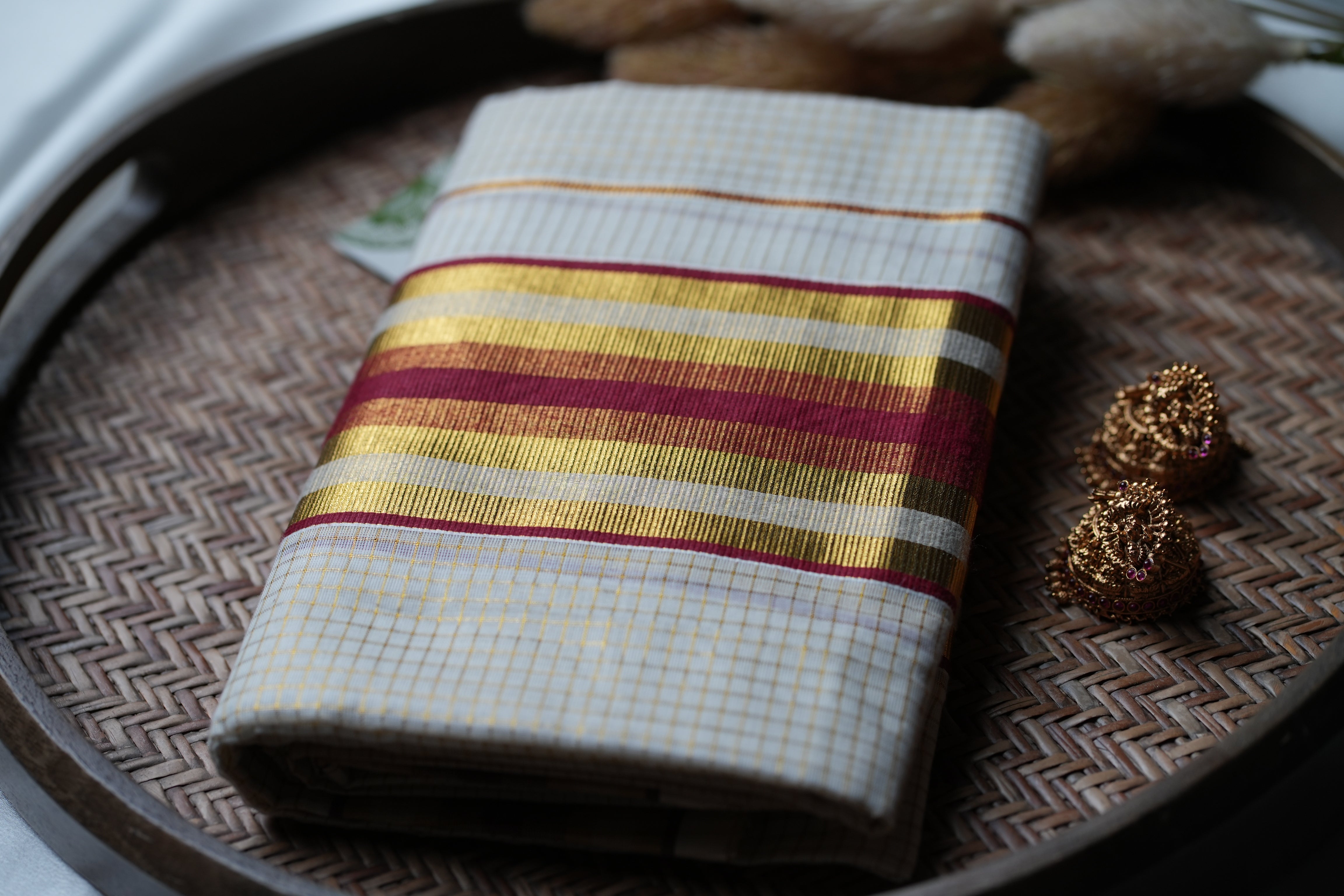 Festive Elegance: Premium Kerala Set Mundu with Gold Checks and Maroon Accents