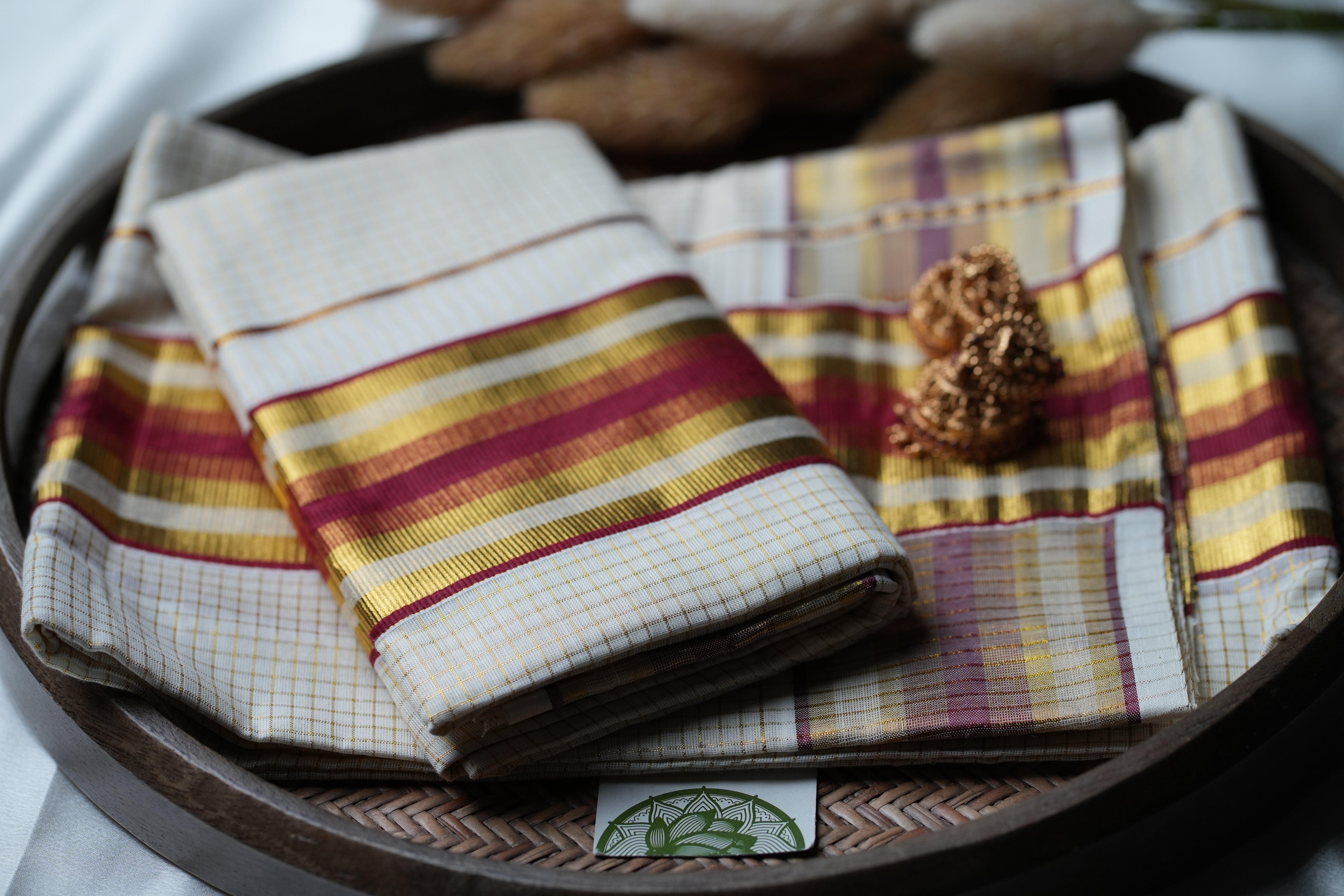 Festive Elegance: Premium Kerala Set Mundu with Gold Checks and Maroon Accents