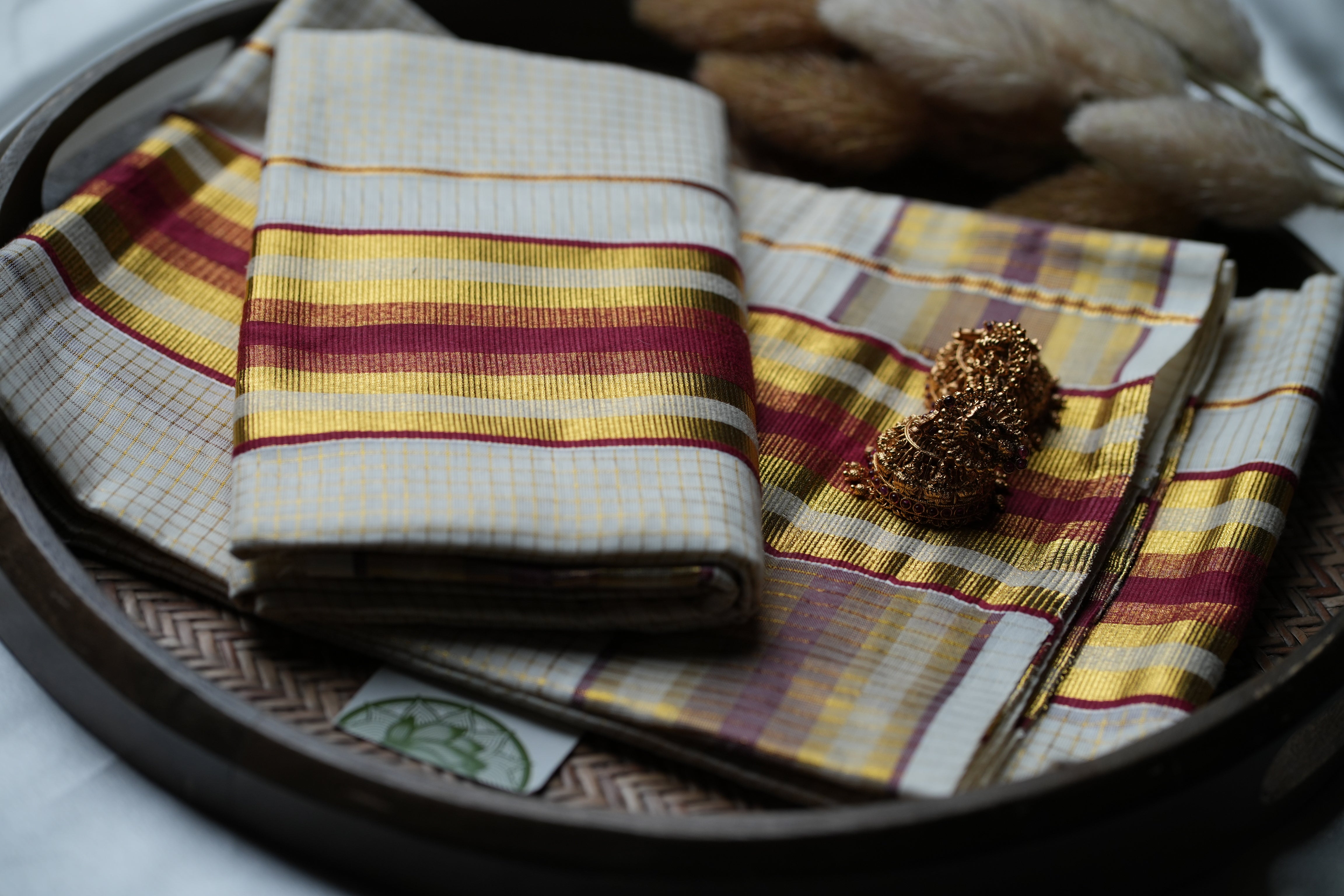 Festive Elegance: Premium Kerala Set Mundu with Gold Checks and Maroon Accents