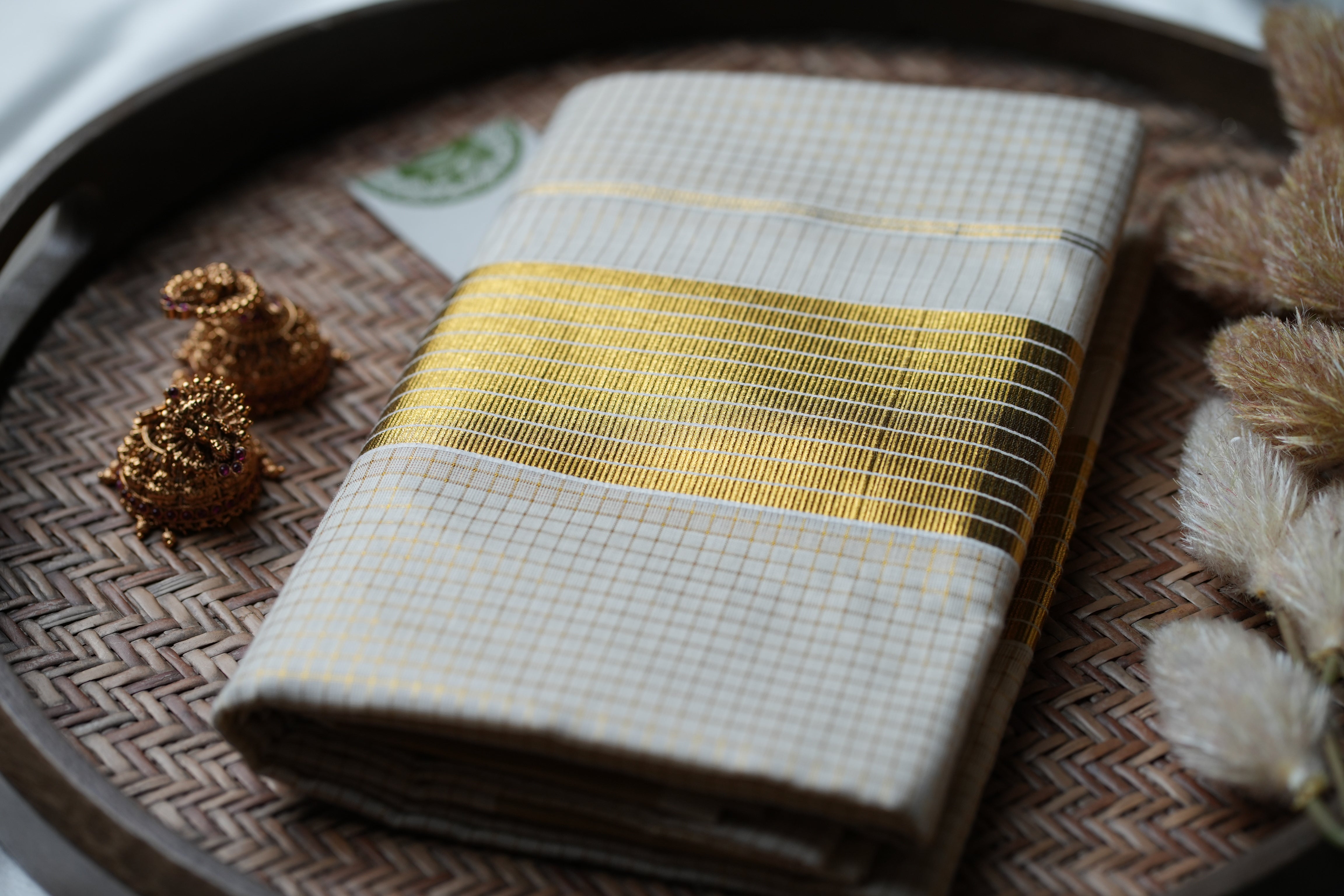 Golden Symphony: Premium Kerala Set Mundu with Micro Gold Checks